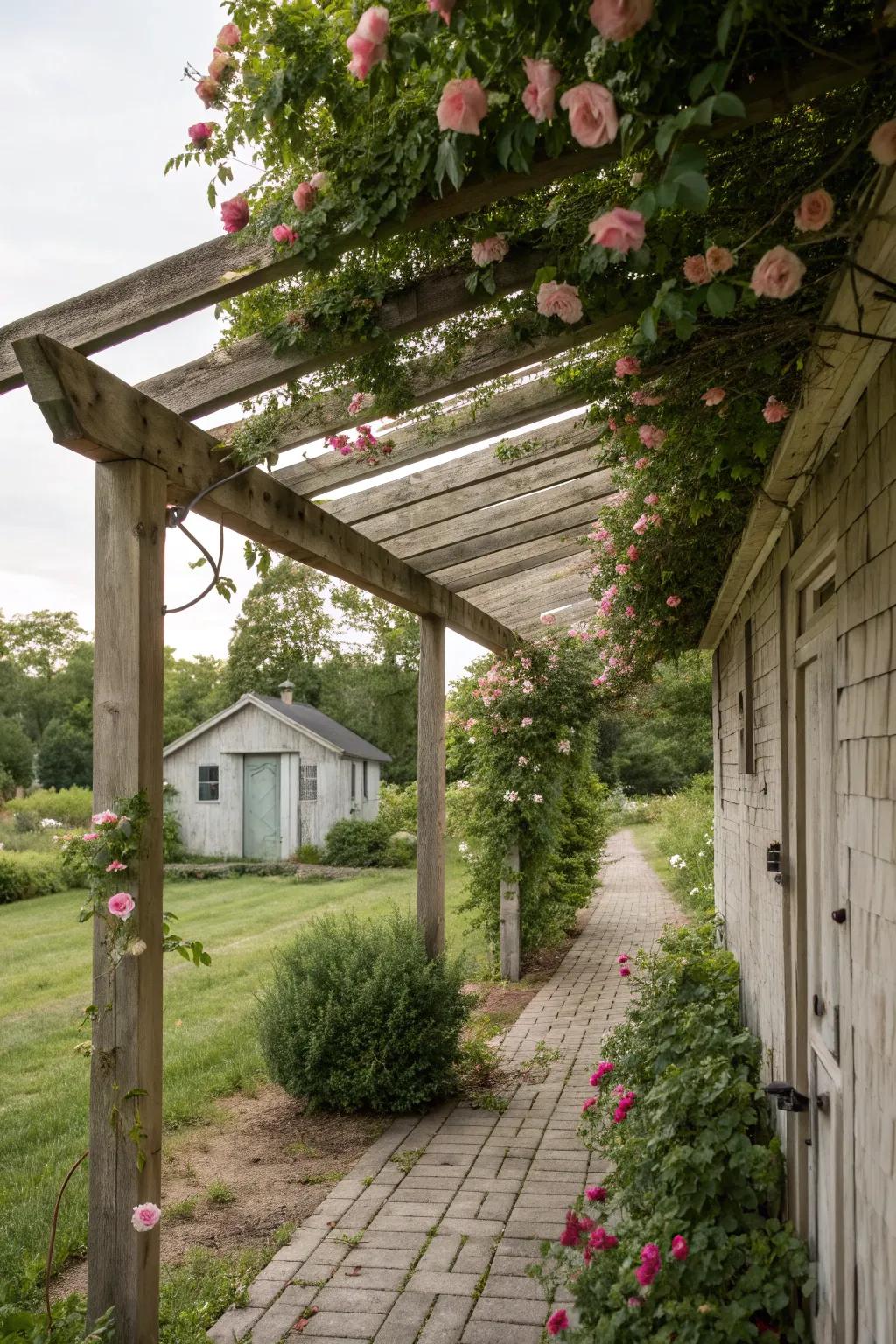 Wooden pergola-style porch roof with climbing roses on a quaint shed.