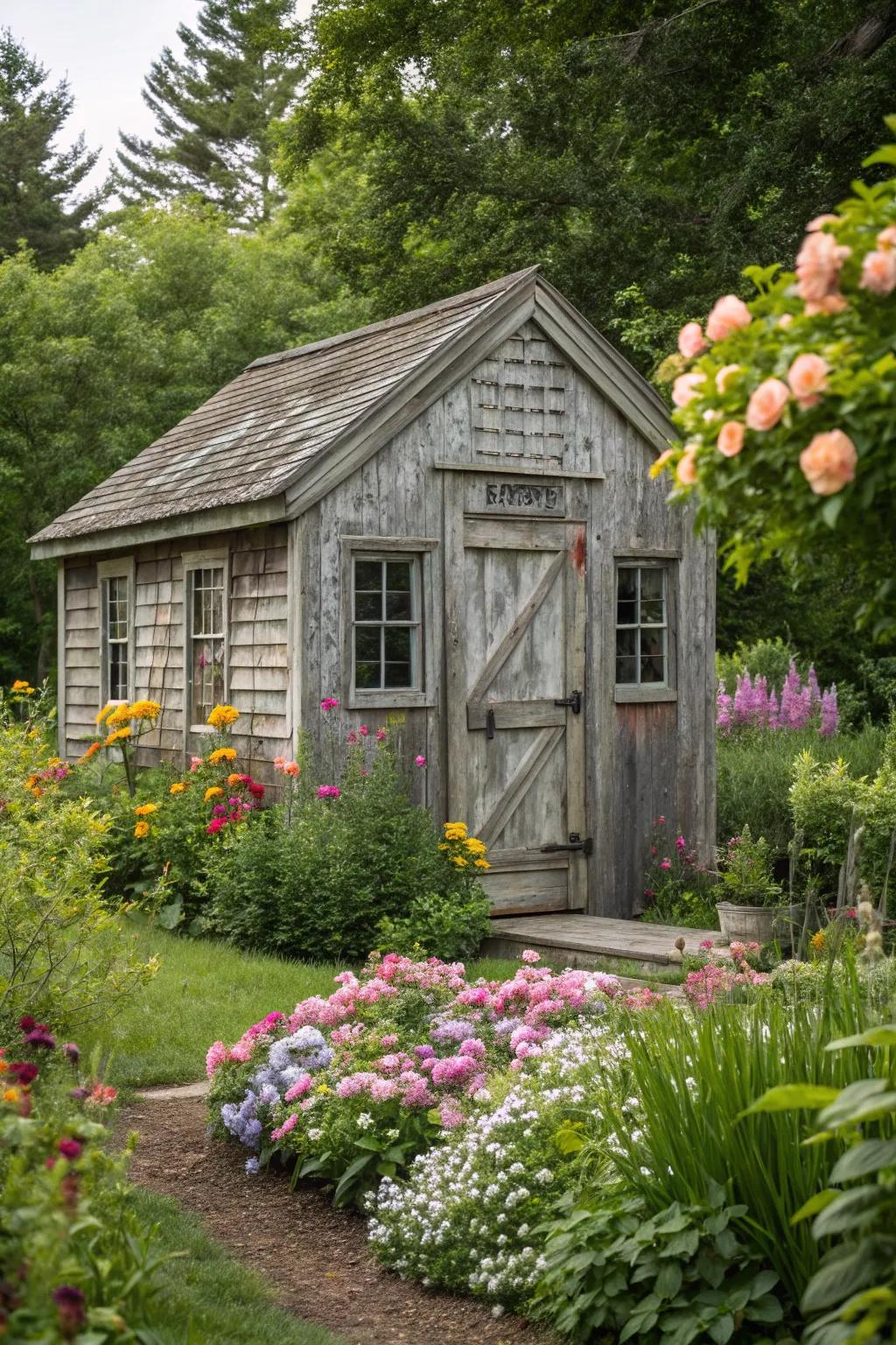 A classic gable roof shed nestled in a vibrant garden.