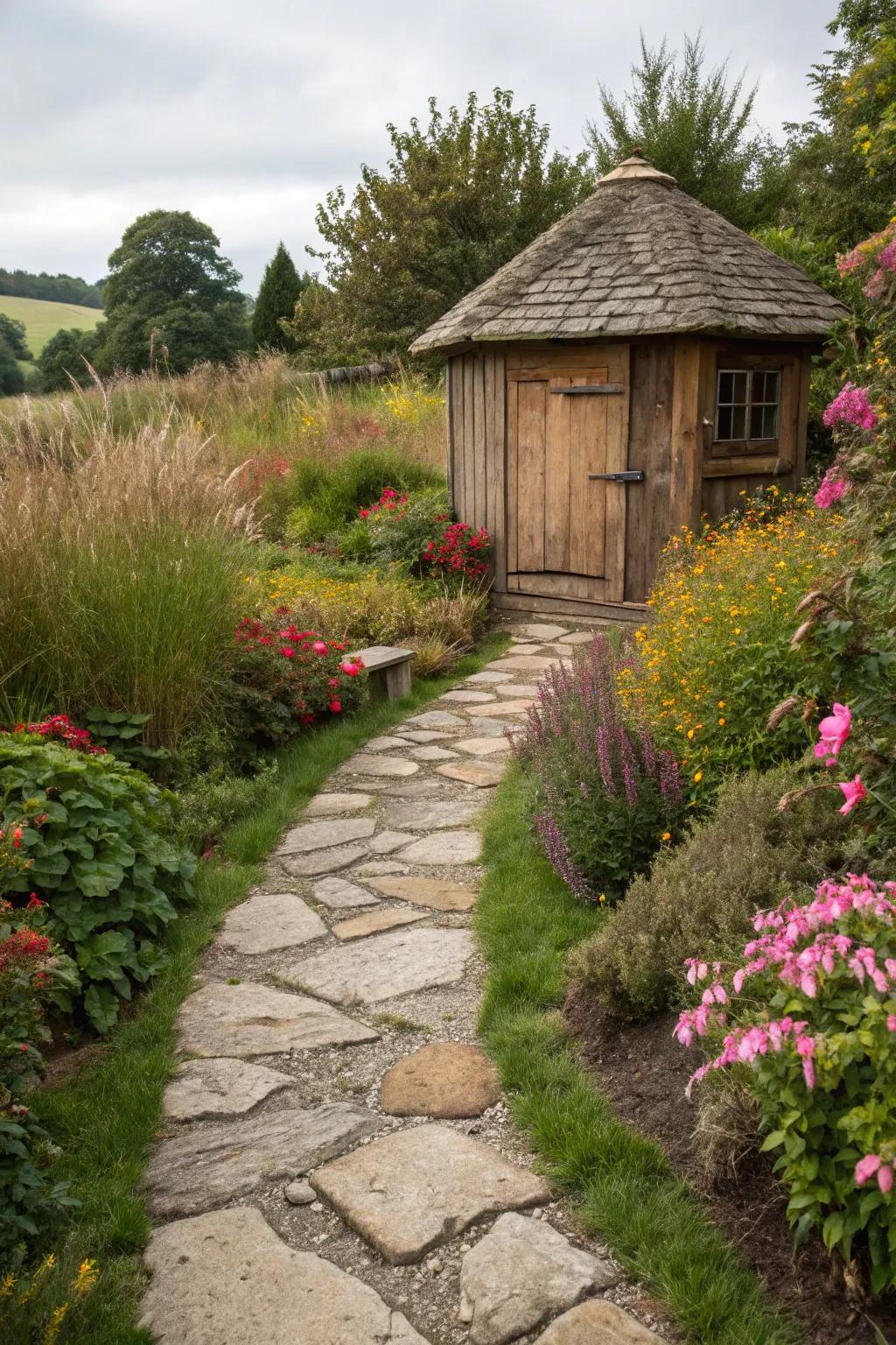 A natural stone pathway effortlessly merges with the garden's aesthetics.
