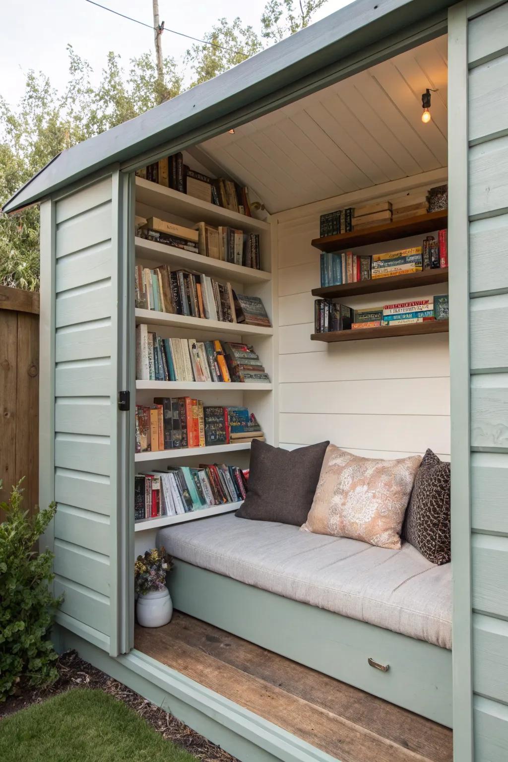 A shed transformed into a cozy reading nook with books and cushions.