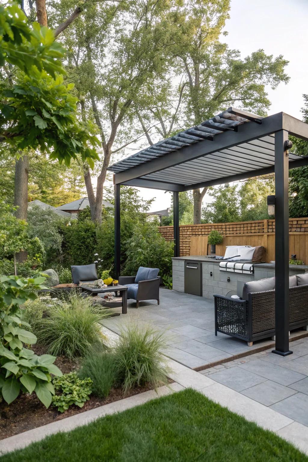 A modern pergola adds elegance and functionality to any BBQ space.