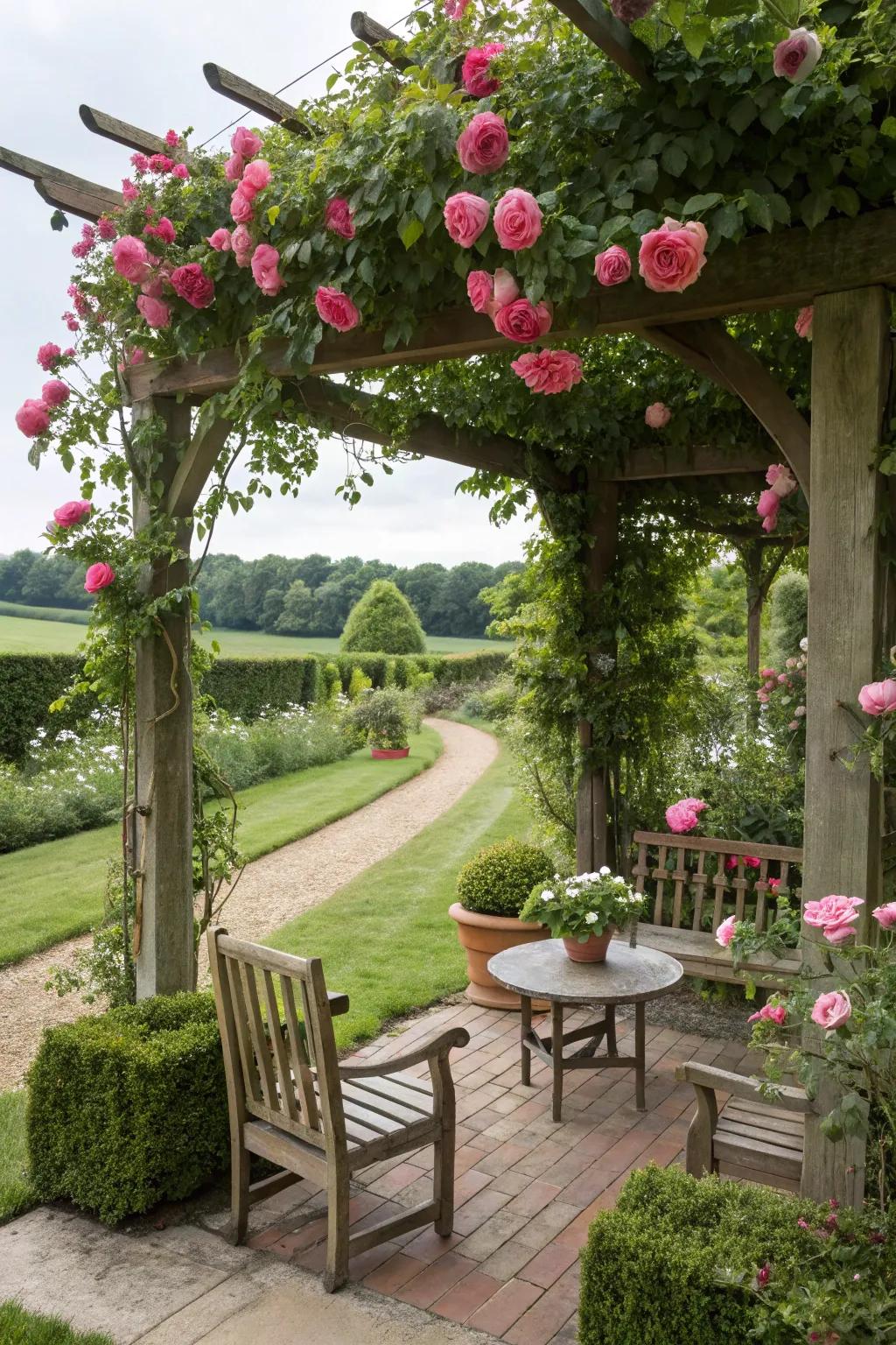 A pergola adorned with roses offers a delightful garden escape.