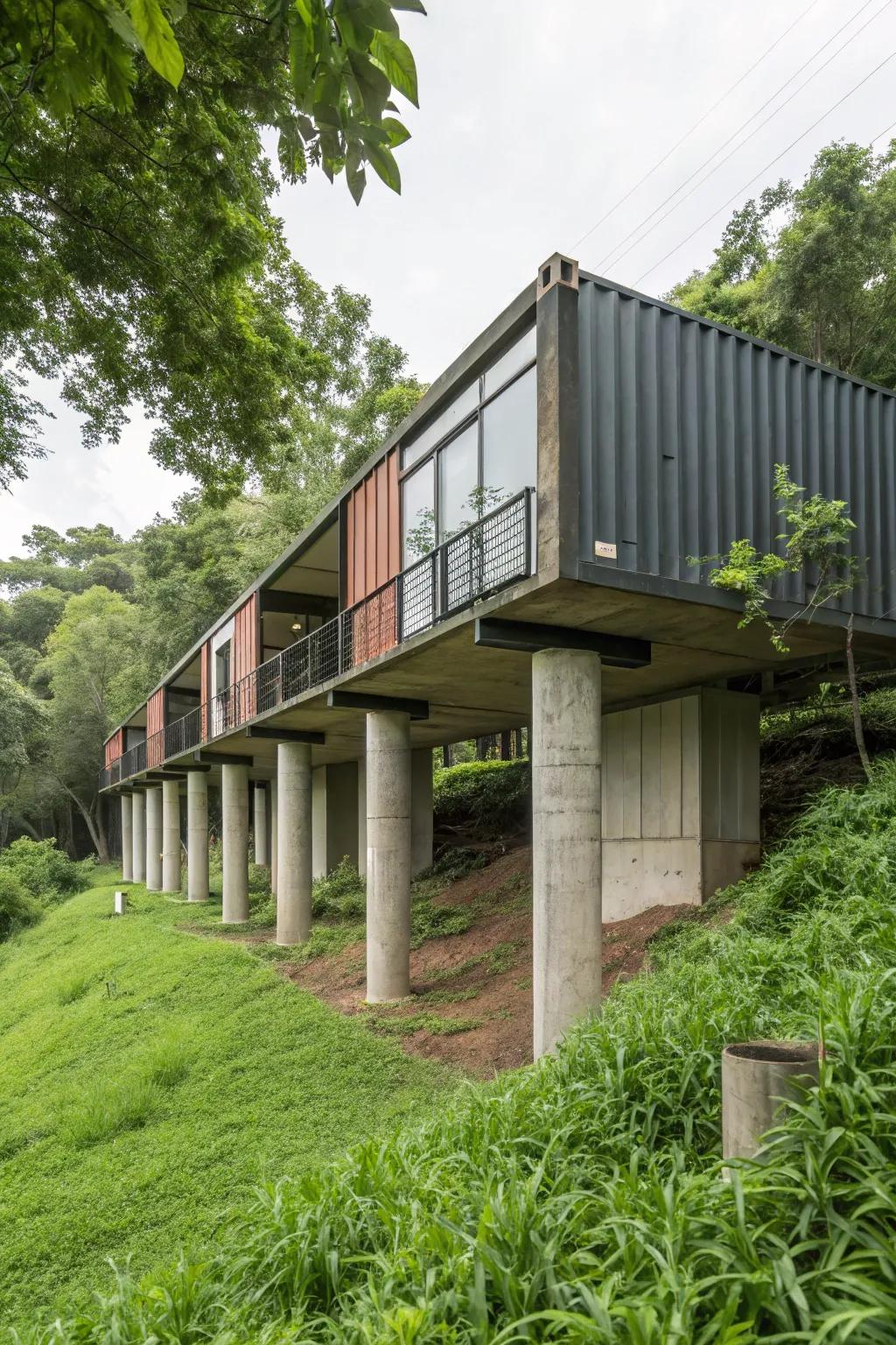 Concrete piers provide a stable base for any shipping container structure.
