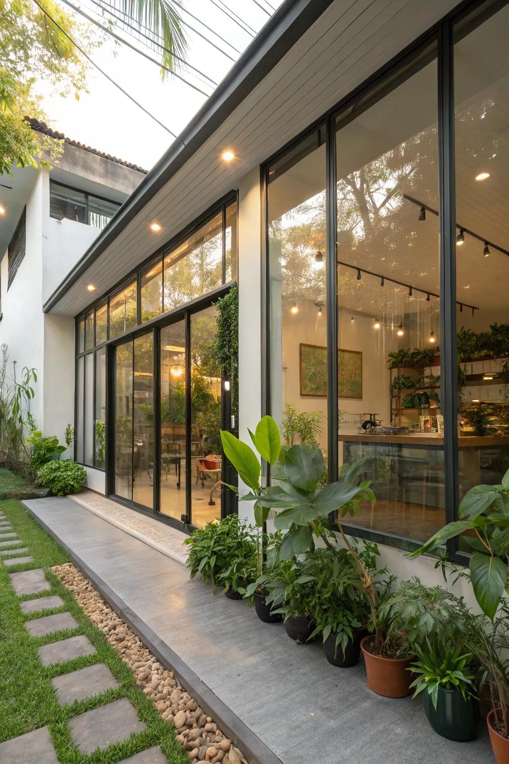 Large windows create a bright and inviting shop house façade