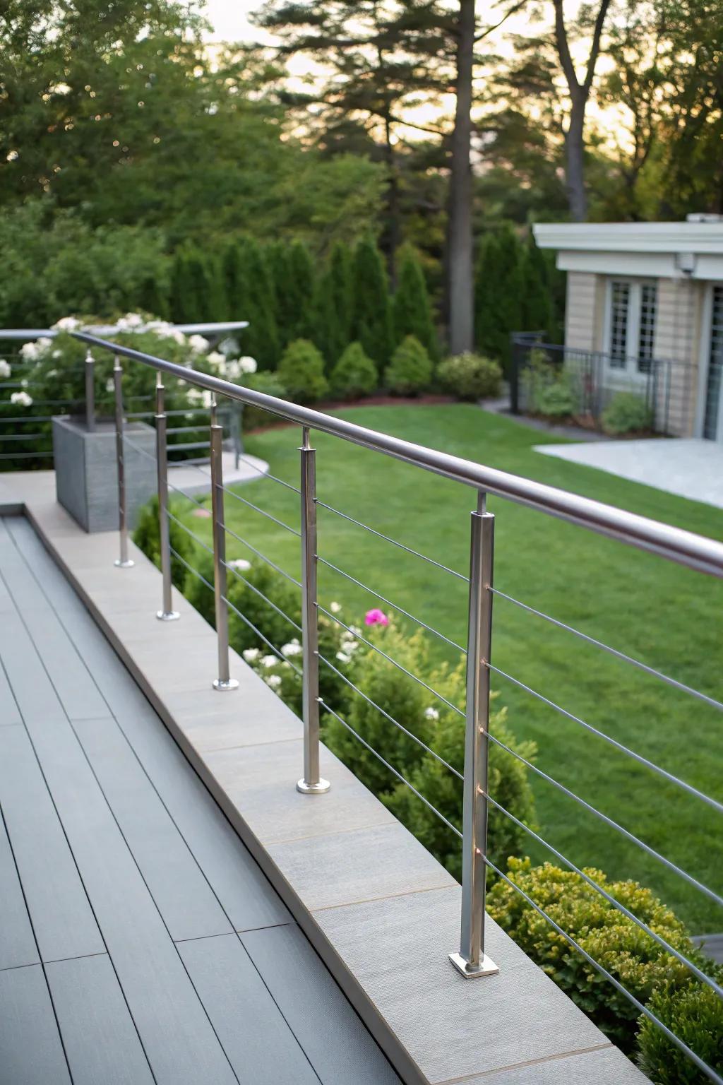 Sleek metal railings provide a modern touch to any deck.