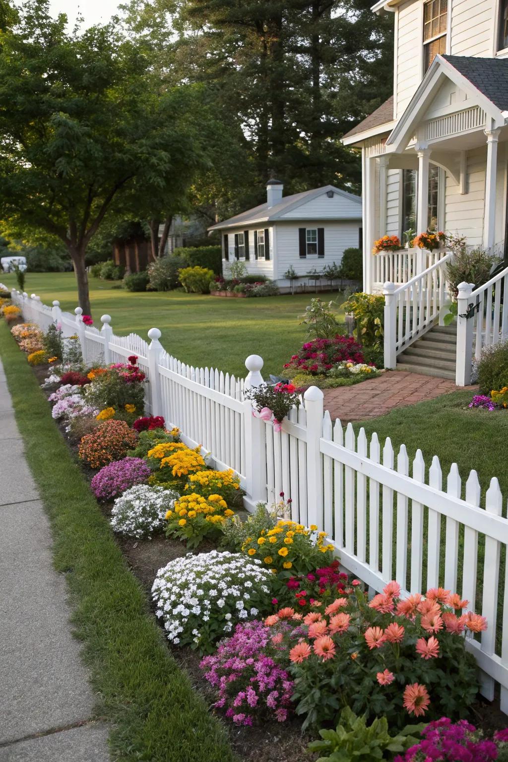 A classic white picket fence adds timeless charm to your front yard