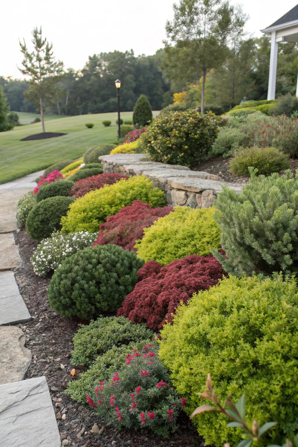 A garden bed showcasing a beautifully layered look with shrubs.