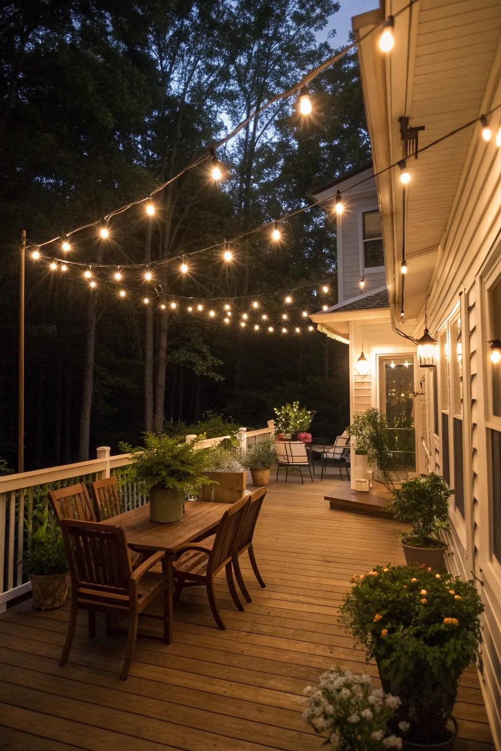 String lights add a magical glow to your side deck, perfect for evening relaxation.