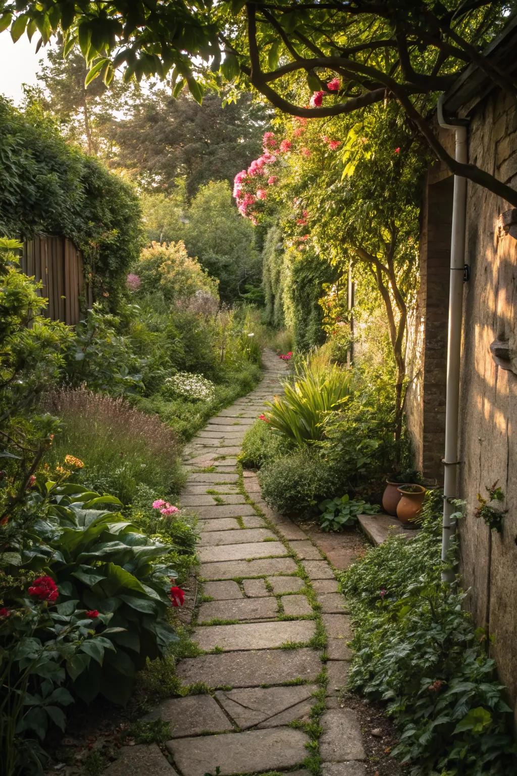 A winding stone pathway through a narrow side yard garden.