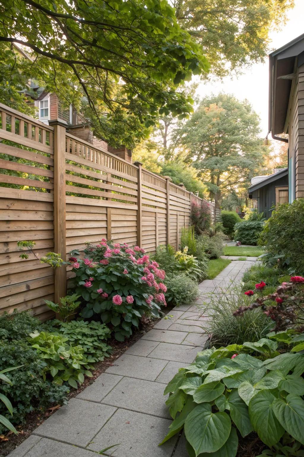 Horizontal wooden slats create a classic and warm side yard ambiance.