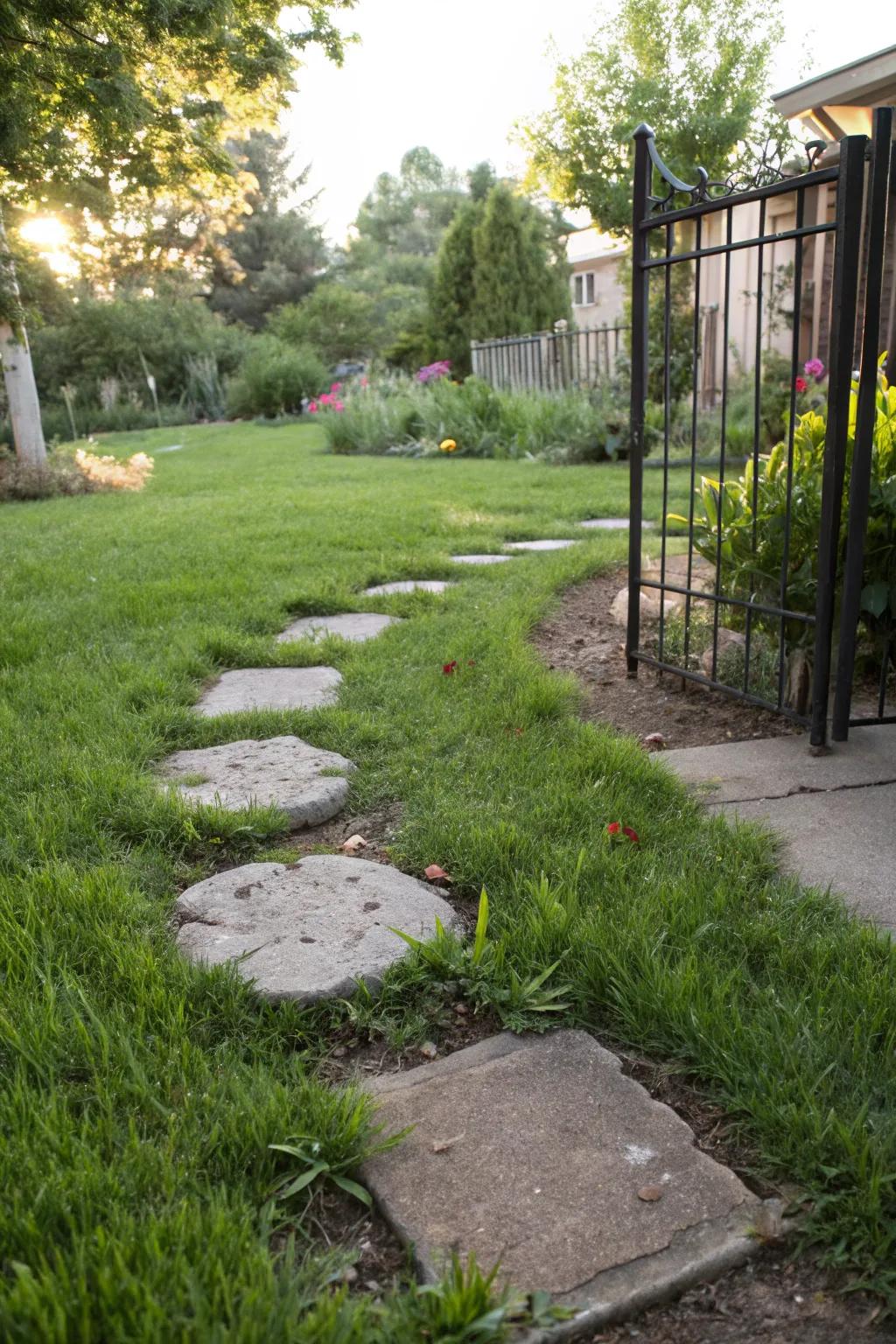 Stepping stones nestled in grass offer a serene walkway experience.