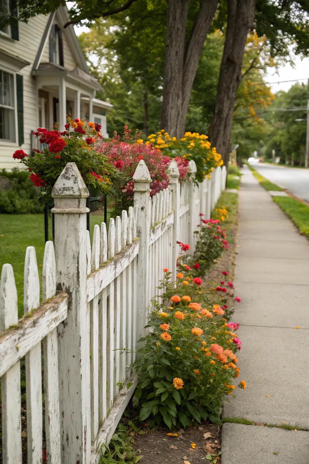 A classic white picket fence adds timeless charm to any sidewalk.