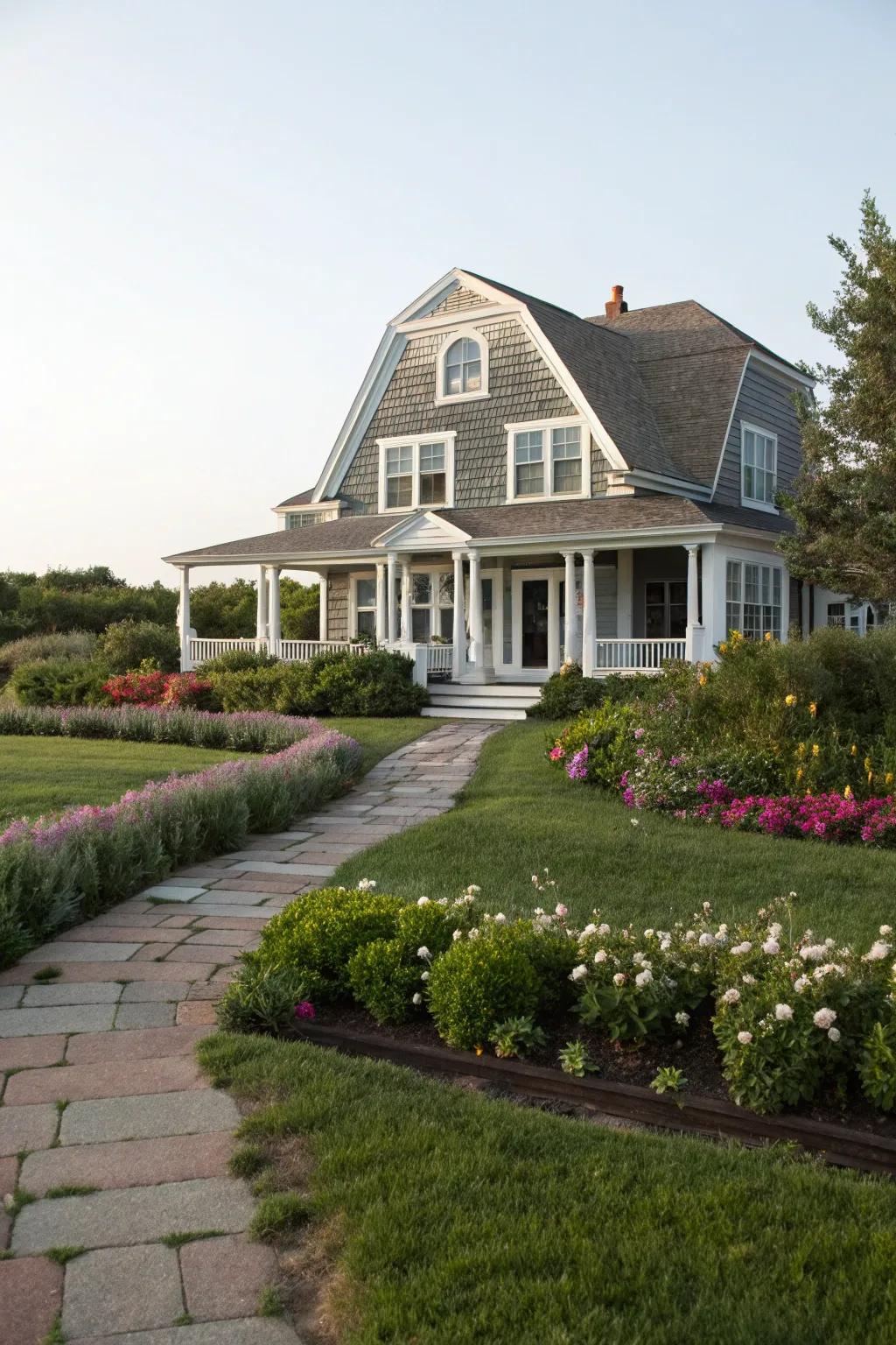 The classic combination of white trim and gray siding offers timeless elegance.