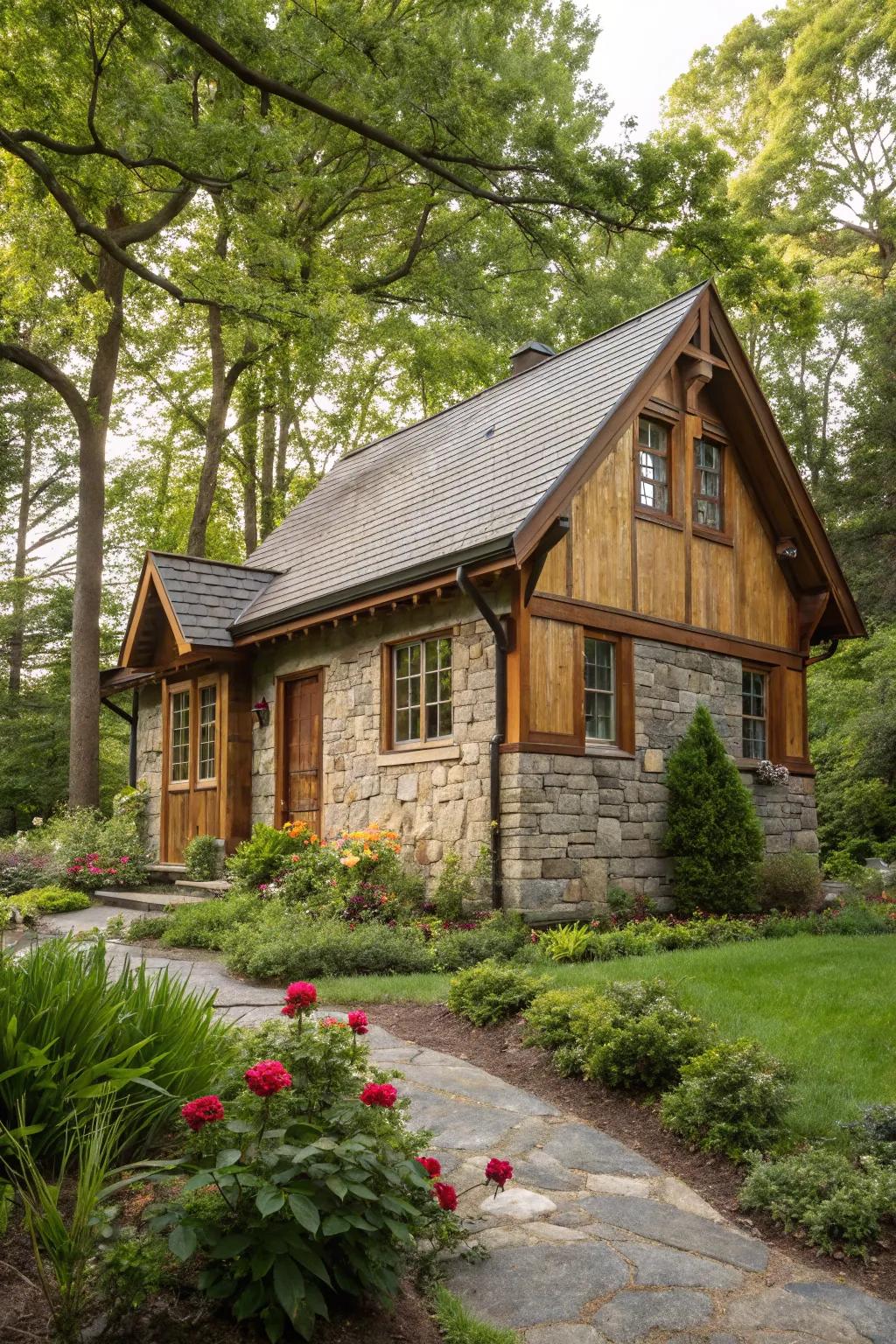 A delightful blend of materials gives this small home an inviting character.
