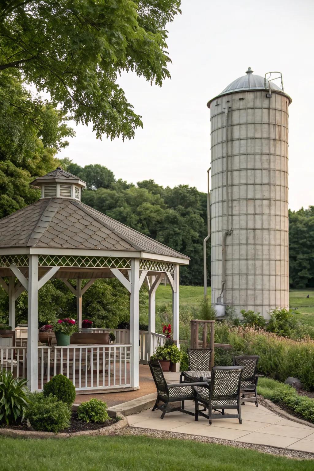 A silo gazebo transformed into a cozy outdoor seating area.