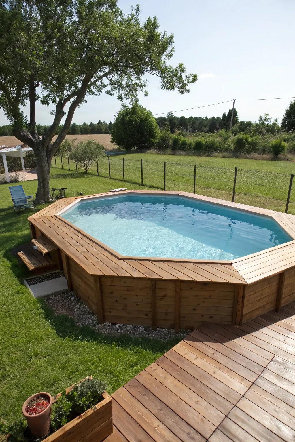 A cozy above ground pool surrounded by a natural wooden deck.