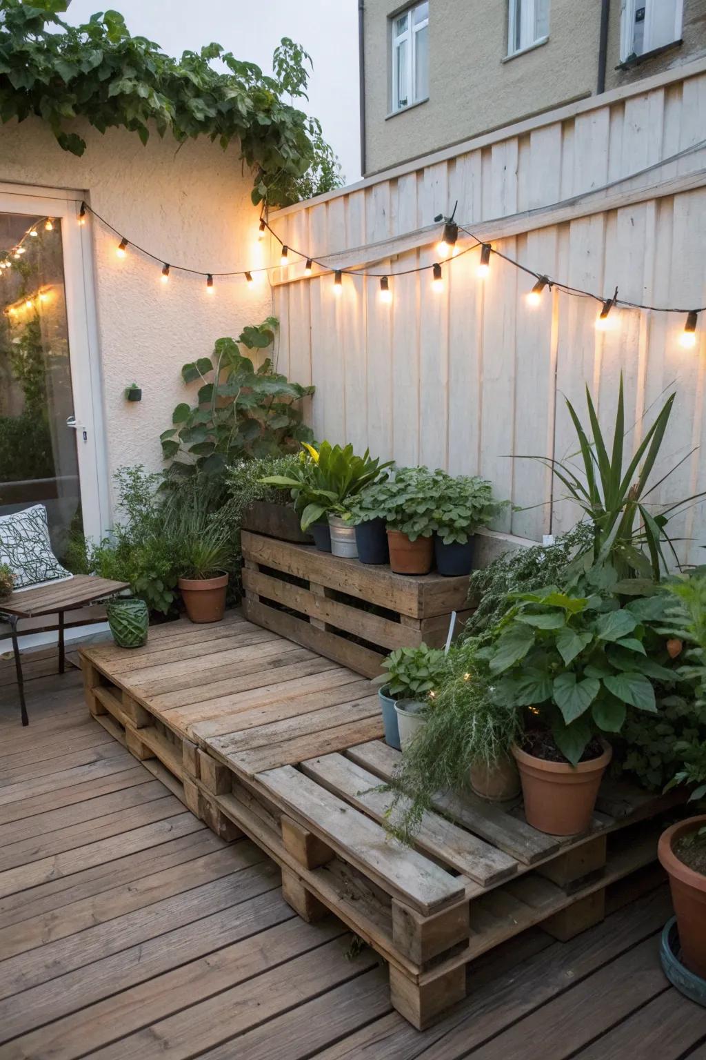 Create a rustic vibe with repurposed pallet decks surrounded by greenery.