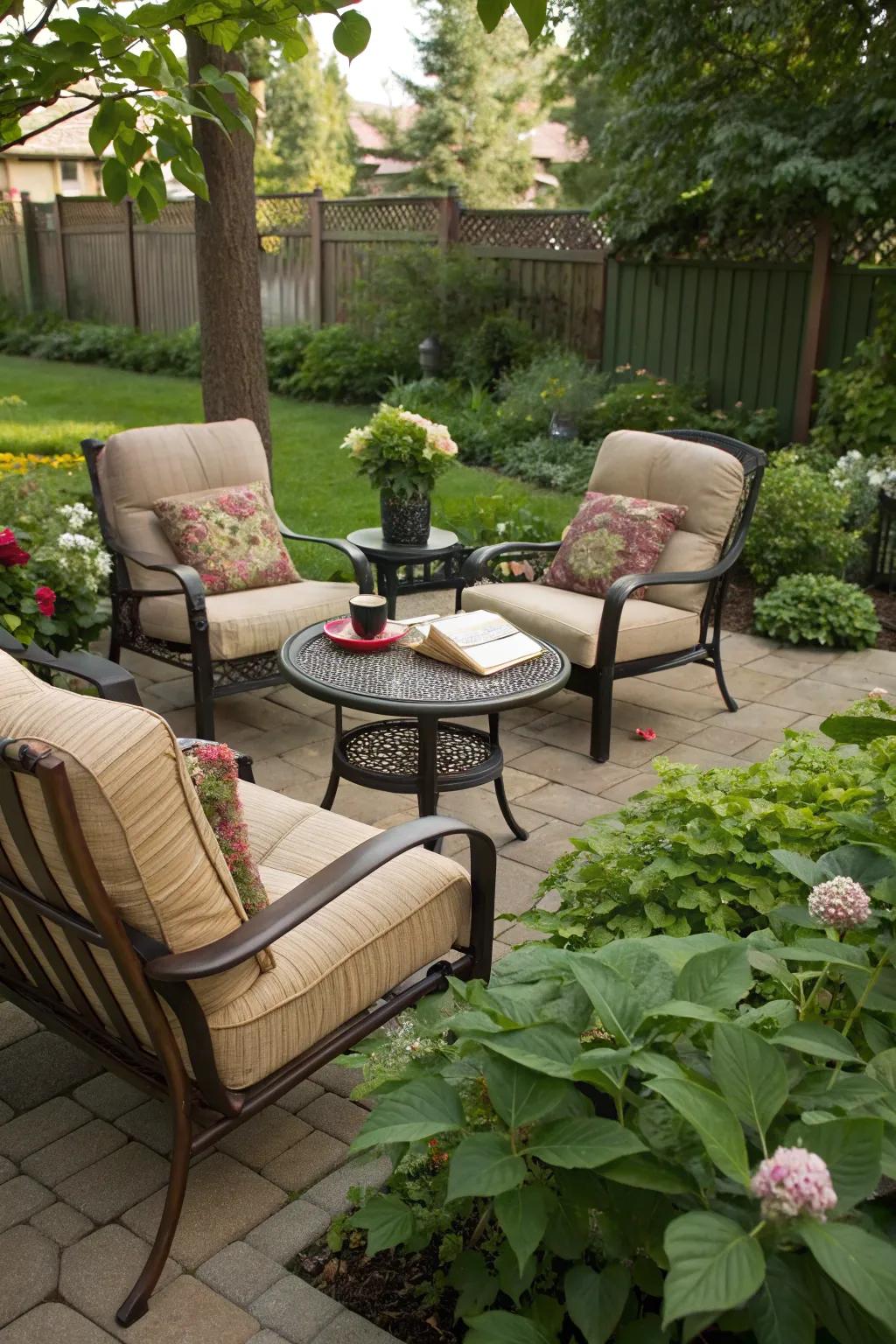 A cozy backyard seating area perfect for relaxation and enjoying nature.
