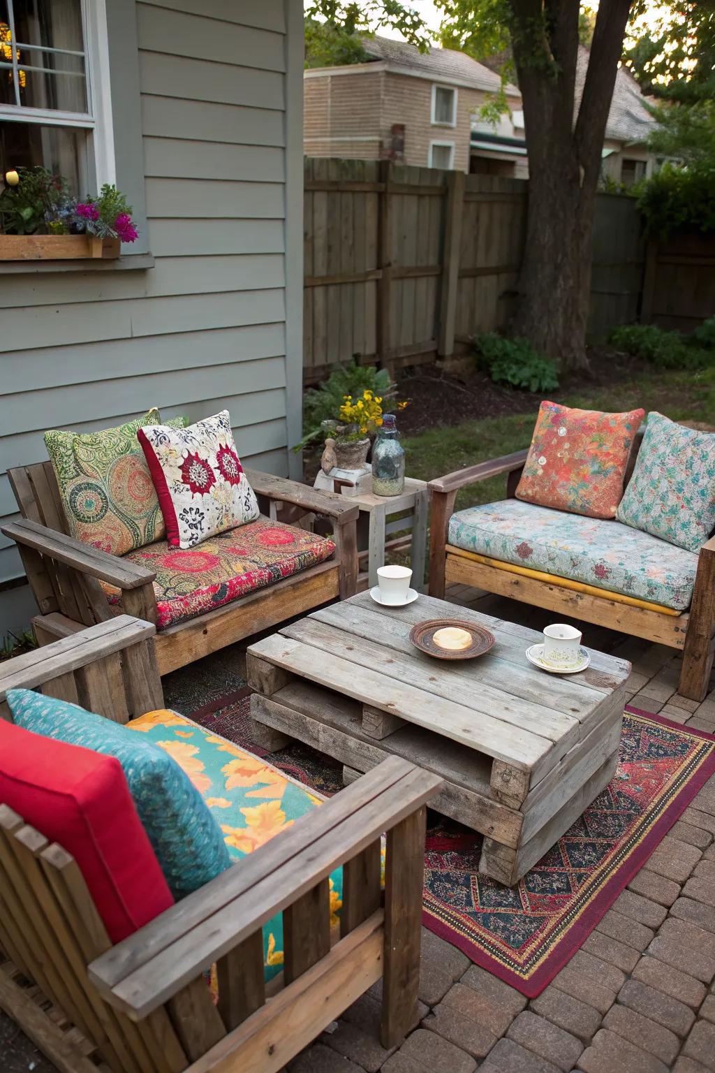 Cozy seating areas can be created using repurposed materials and a splash of color.