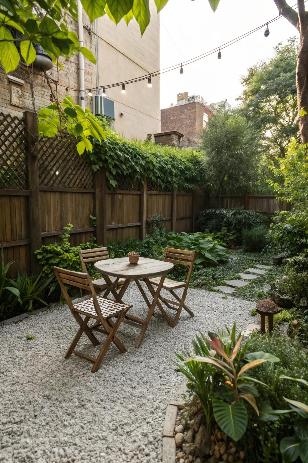 A simple gravel patio with wooden furniture for a rustic look.