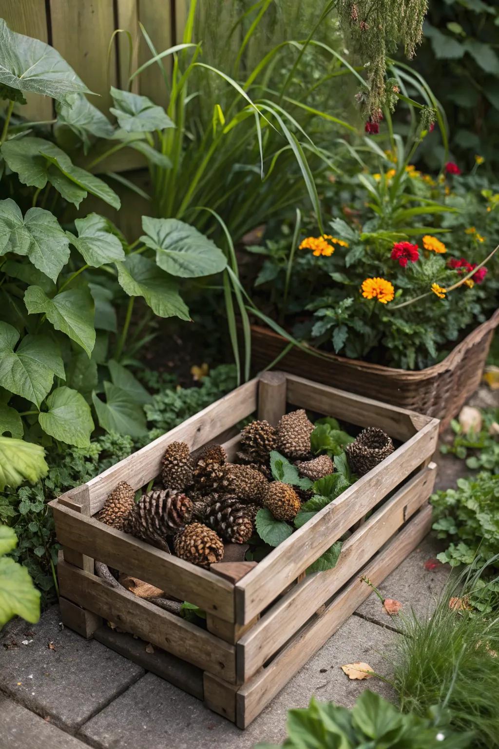 A rustic bug hotel crafted from pinecones in a garden corner.
