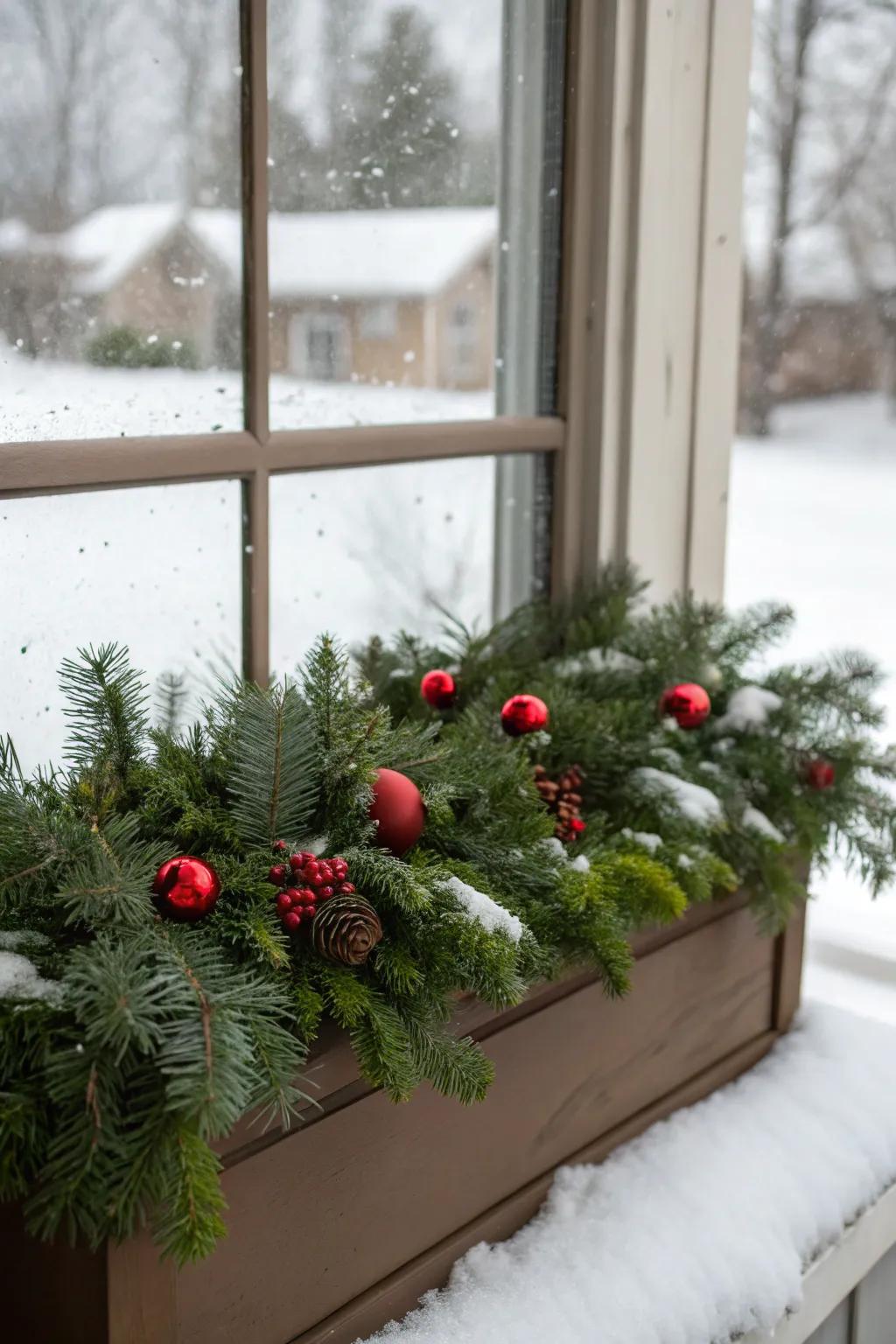 Evergreen branches provide a classic and vibrant base for holiday window boxes.