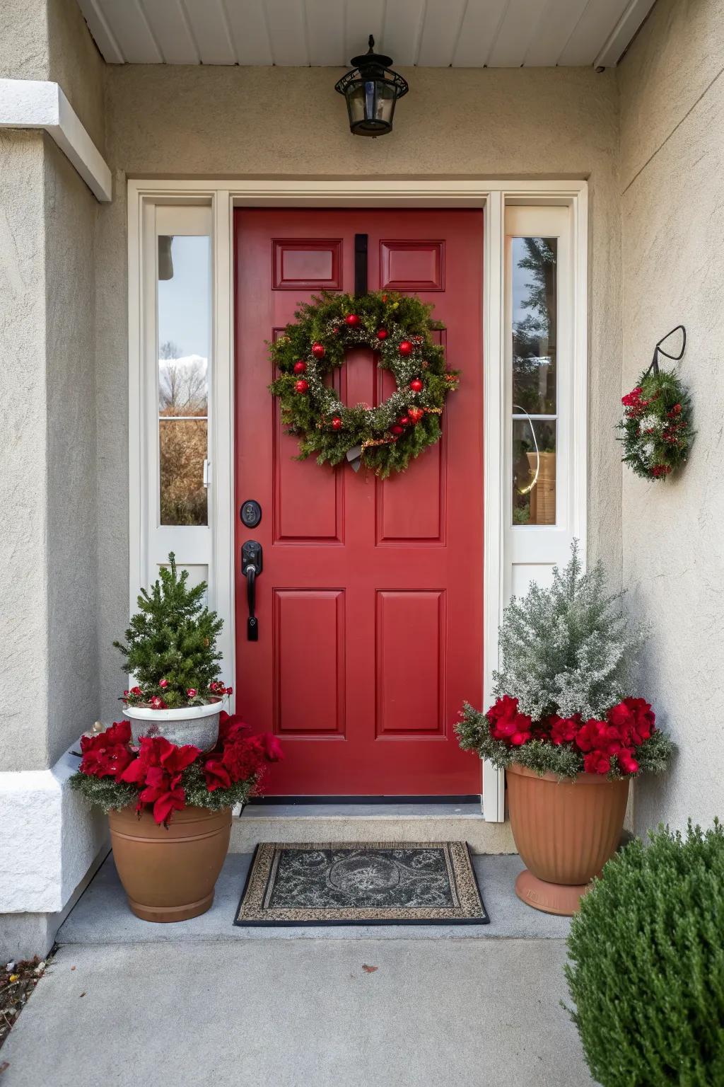A freshly painted front door in bold red with charming decor.