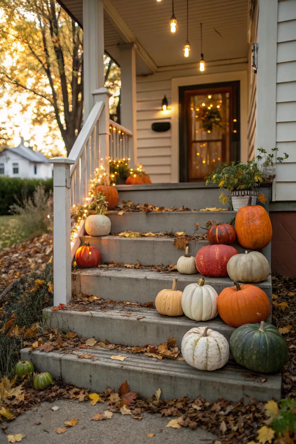 A parade of pumpkins creates a festive fall vibe.