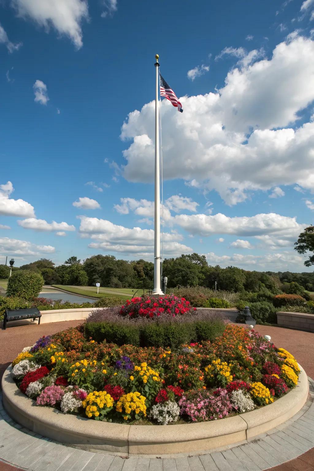 A circular flower bed brings balance and beauty to your flagpole.