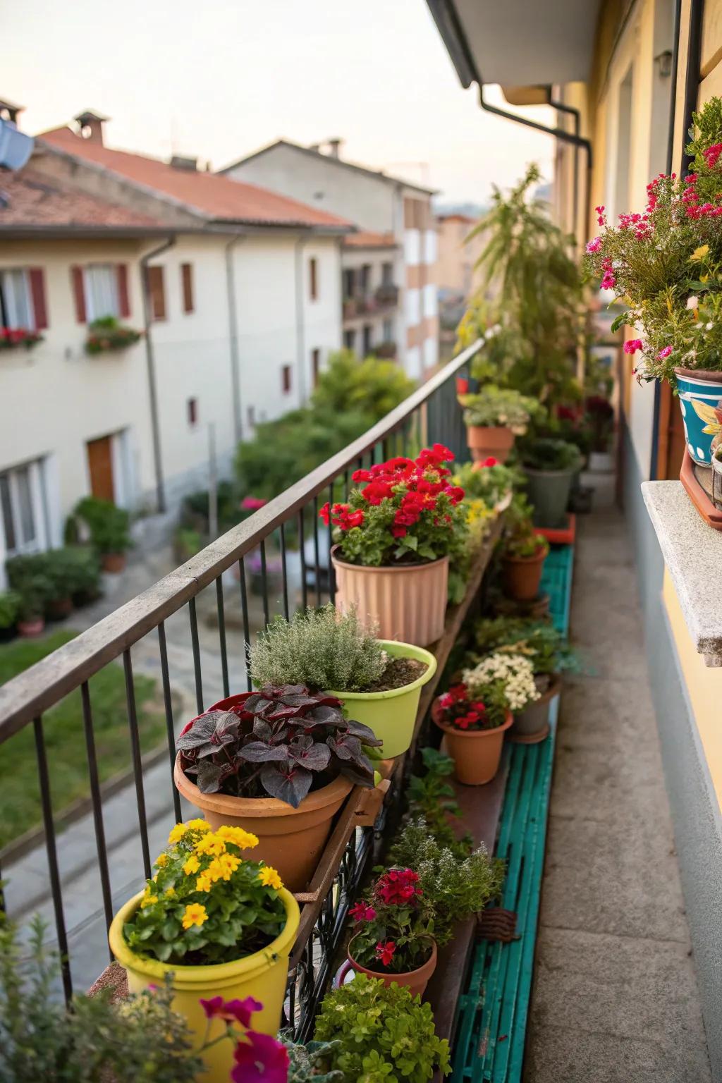 A vibrant array of container plants on a small balcony.