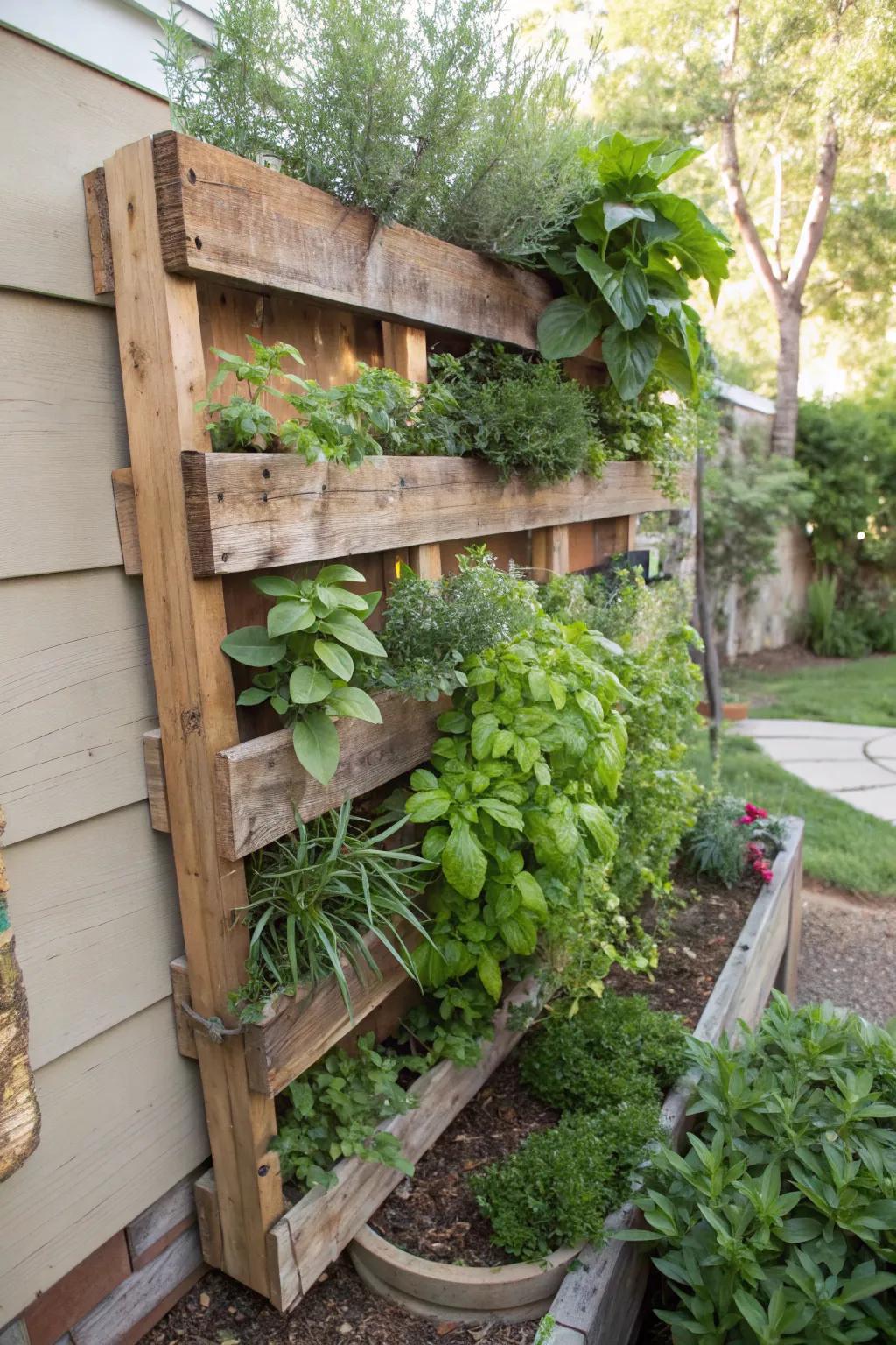 A vertical herb garden made from a wooden pallet brings fresh flavors to your space.