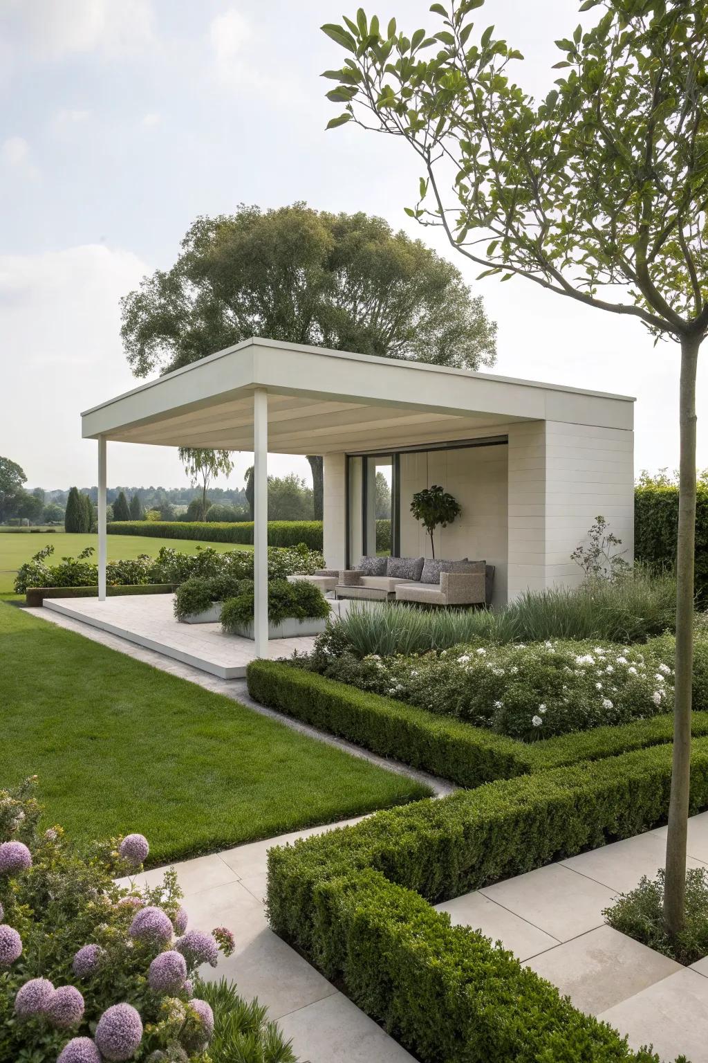 A simple, modern gazebo that complements any contemporary outdoor space.