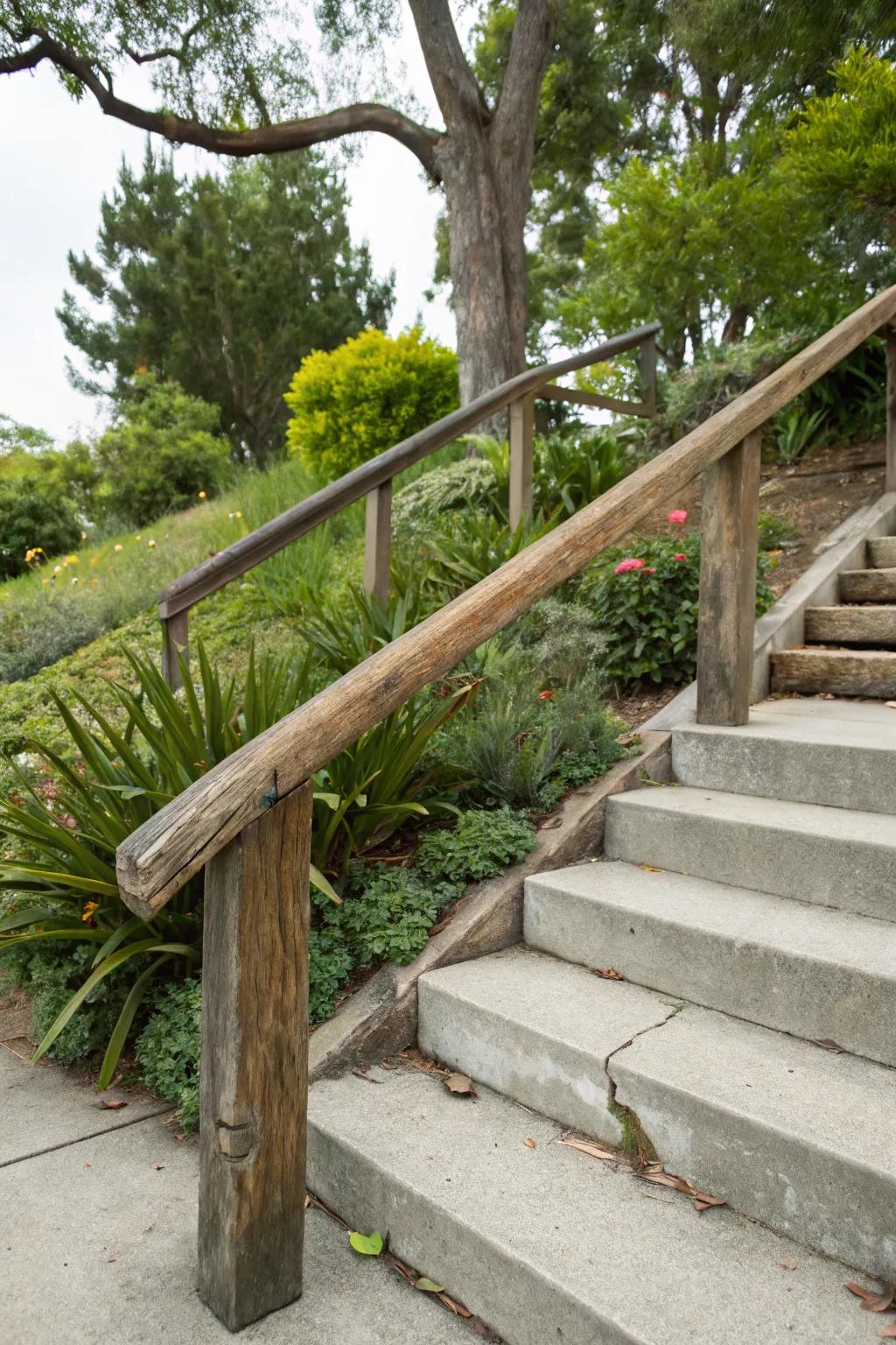 A charming wooden handrail complements the lush greenery around concrete steps.