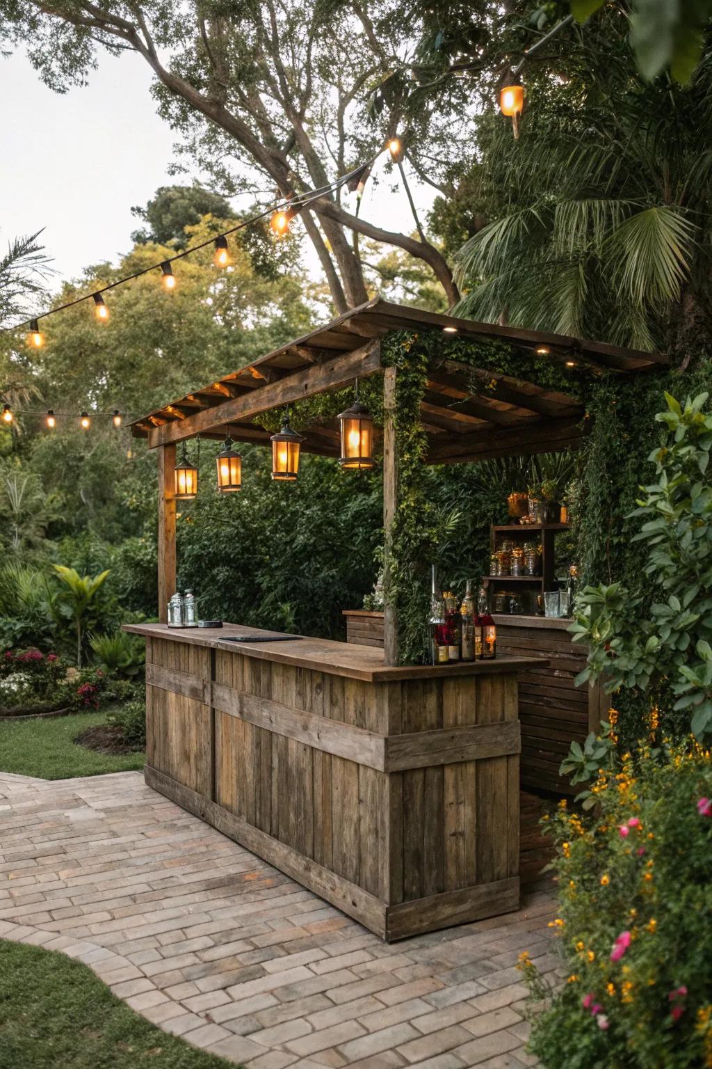 A rustic wooden bar blends seamlessly with nature, creating a cozy outdoor gathering spot.