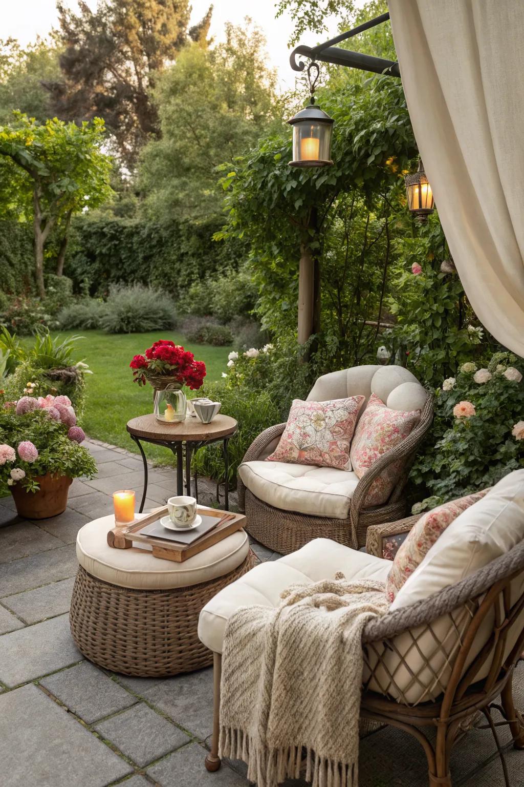 A cozy seating area is essential for enjoying your outdoor space.