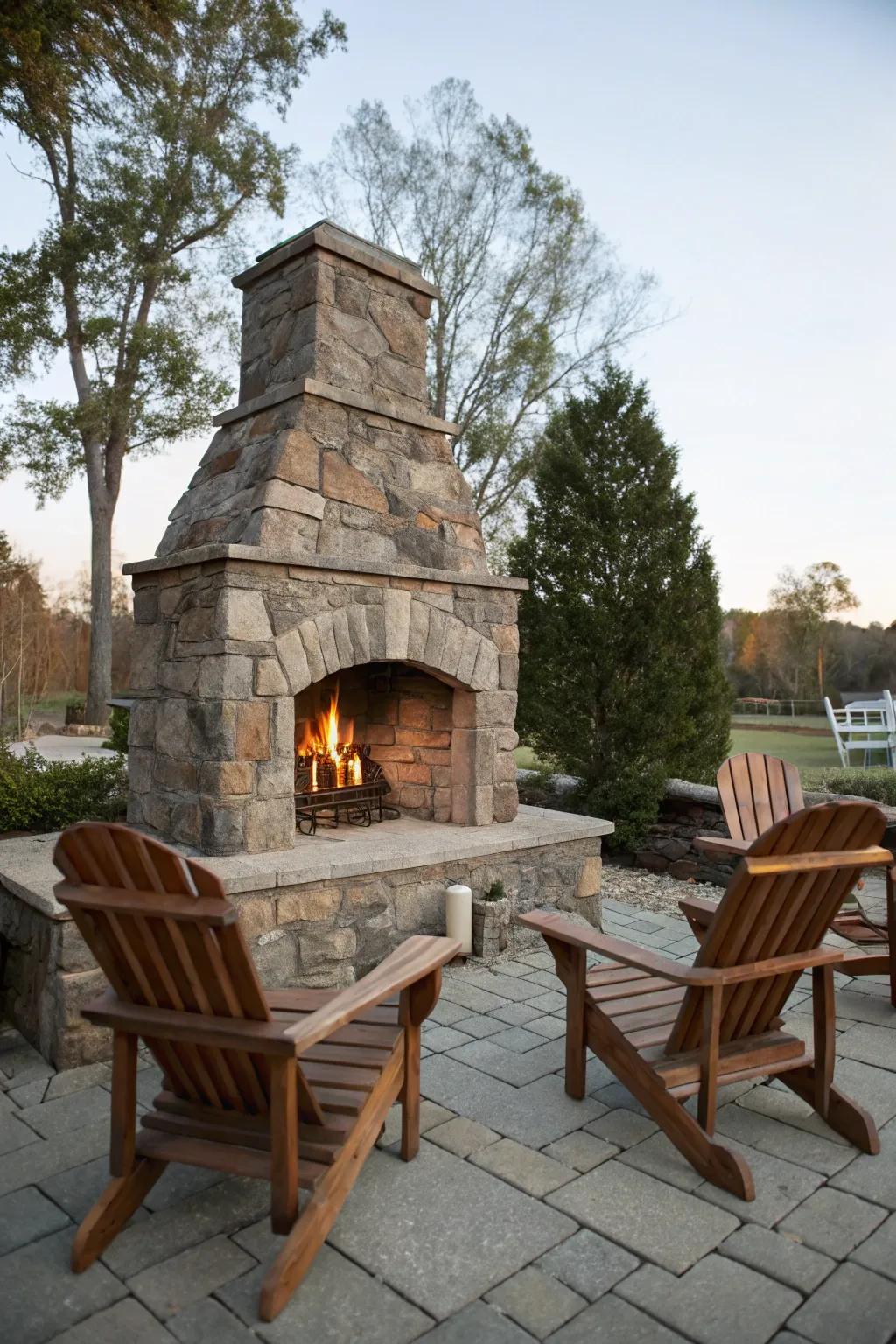 A classic stone fireplace creates a timeless ambiance.