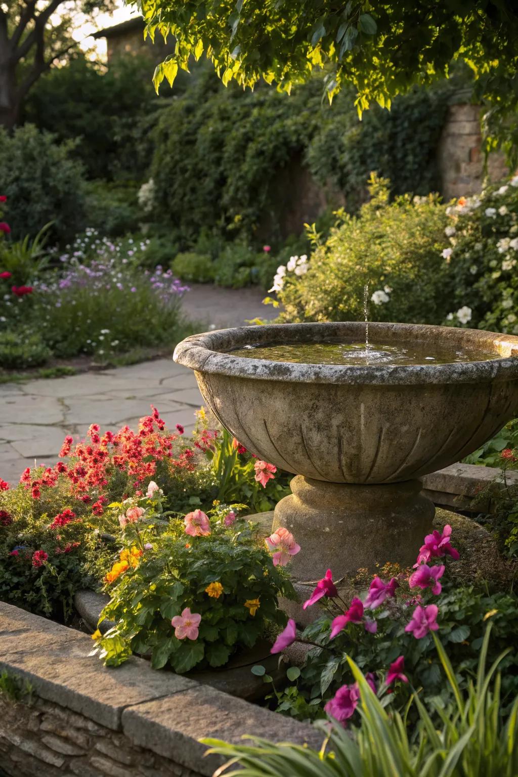 A classic stone bowl fountain enhances any garden setting.
