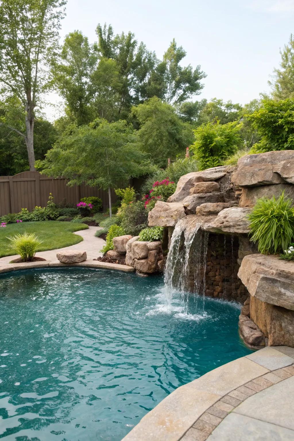 A natural rock waterfall seamlessly blends into the pool landscape.
