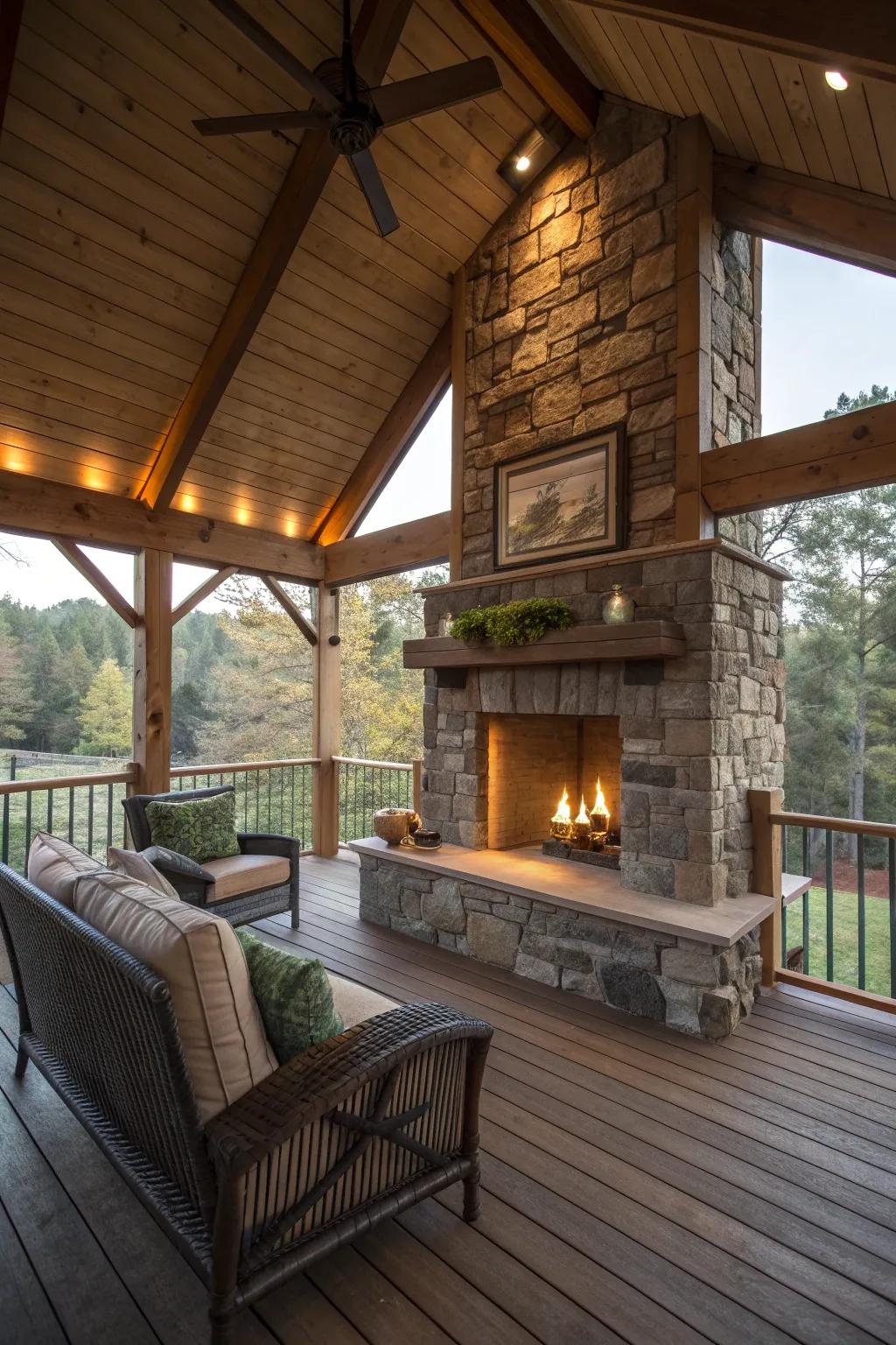 A rustic stone fireplace surrounded by wooden beams on a screened porch.