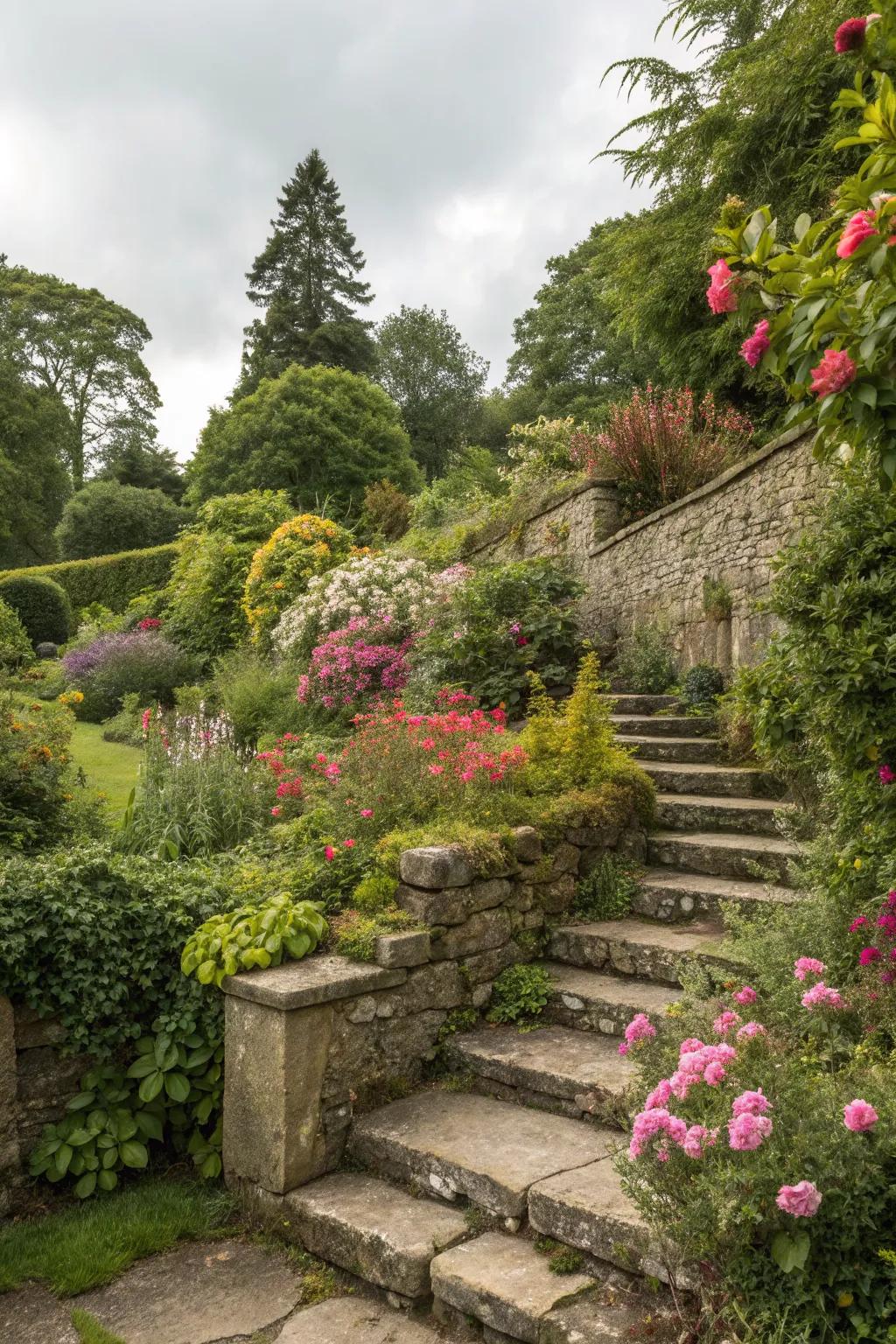 Classic stone walls and steps in a lush garden setting.