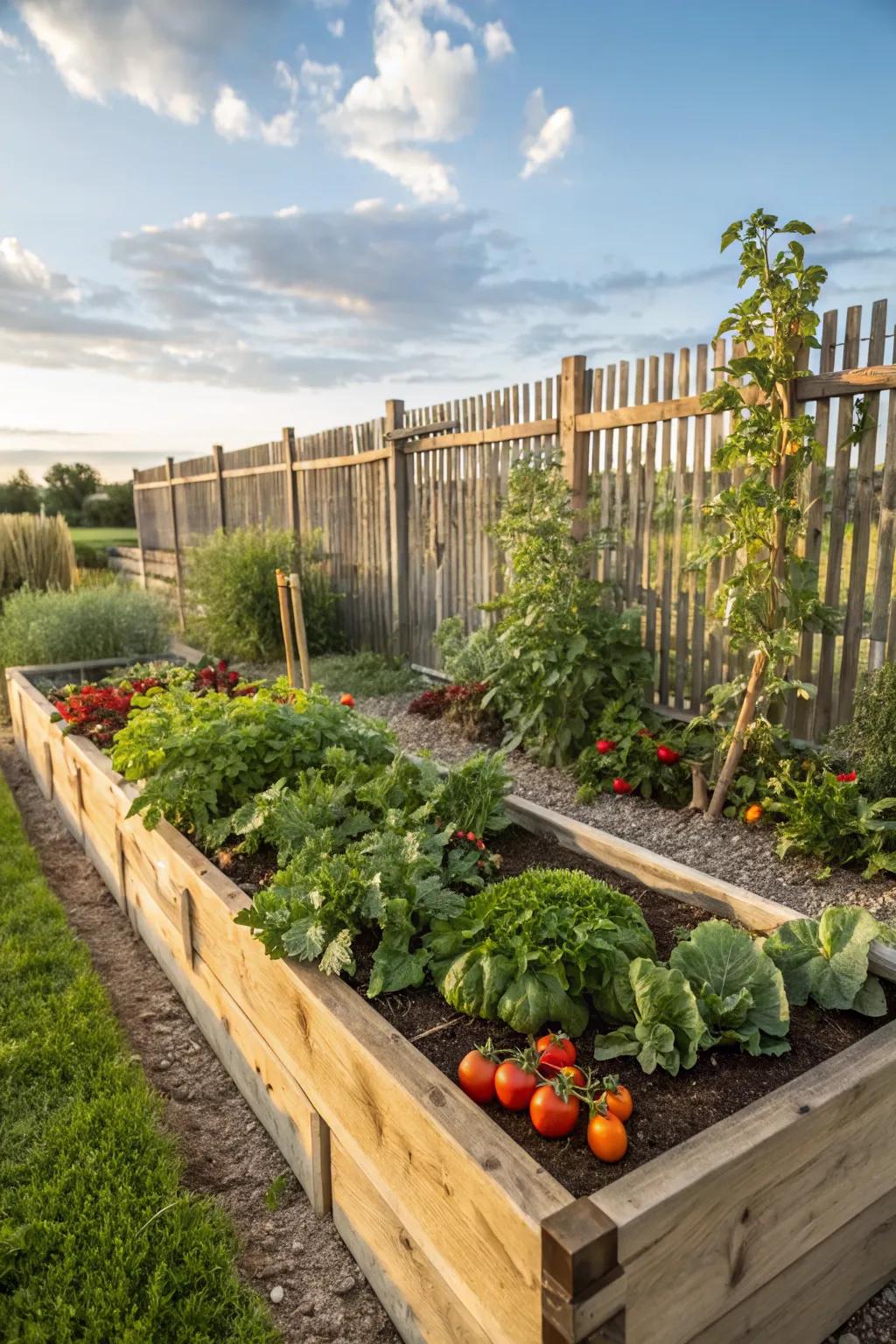 Raised beds brimming with colorful vegetables, perfect for any gardening enthusiast.