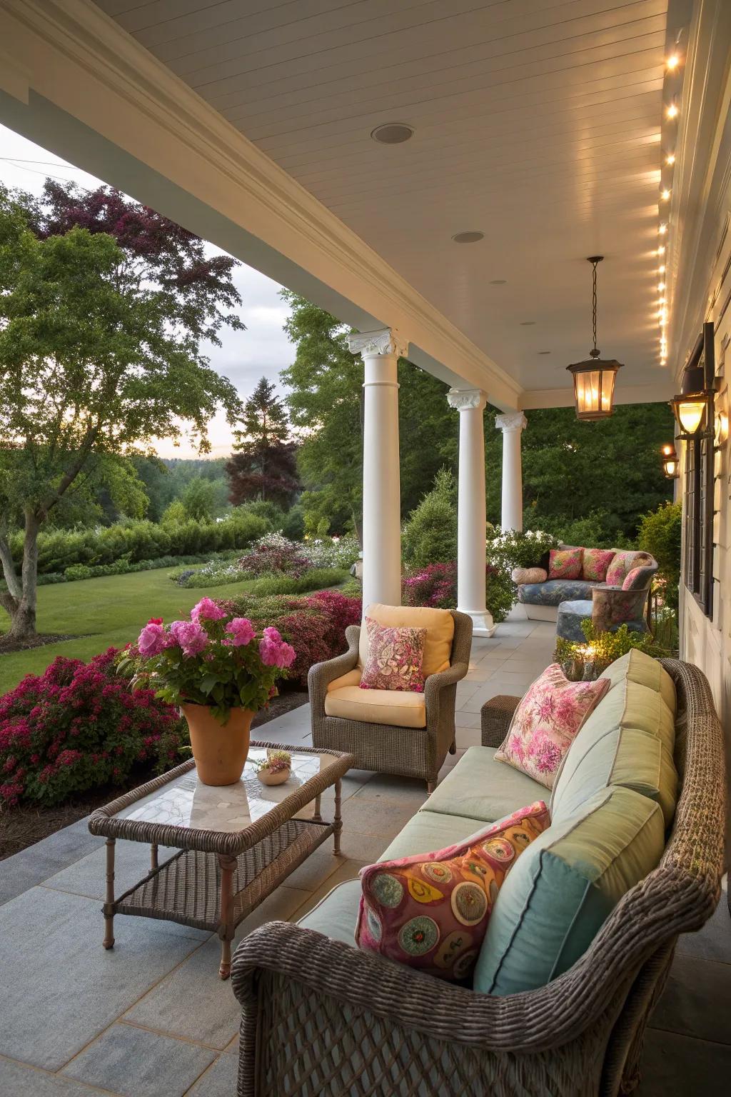 Inviting seating setup with plush cushions on the veranda.