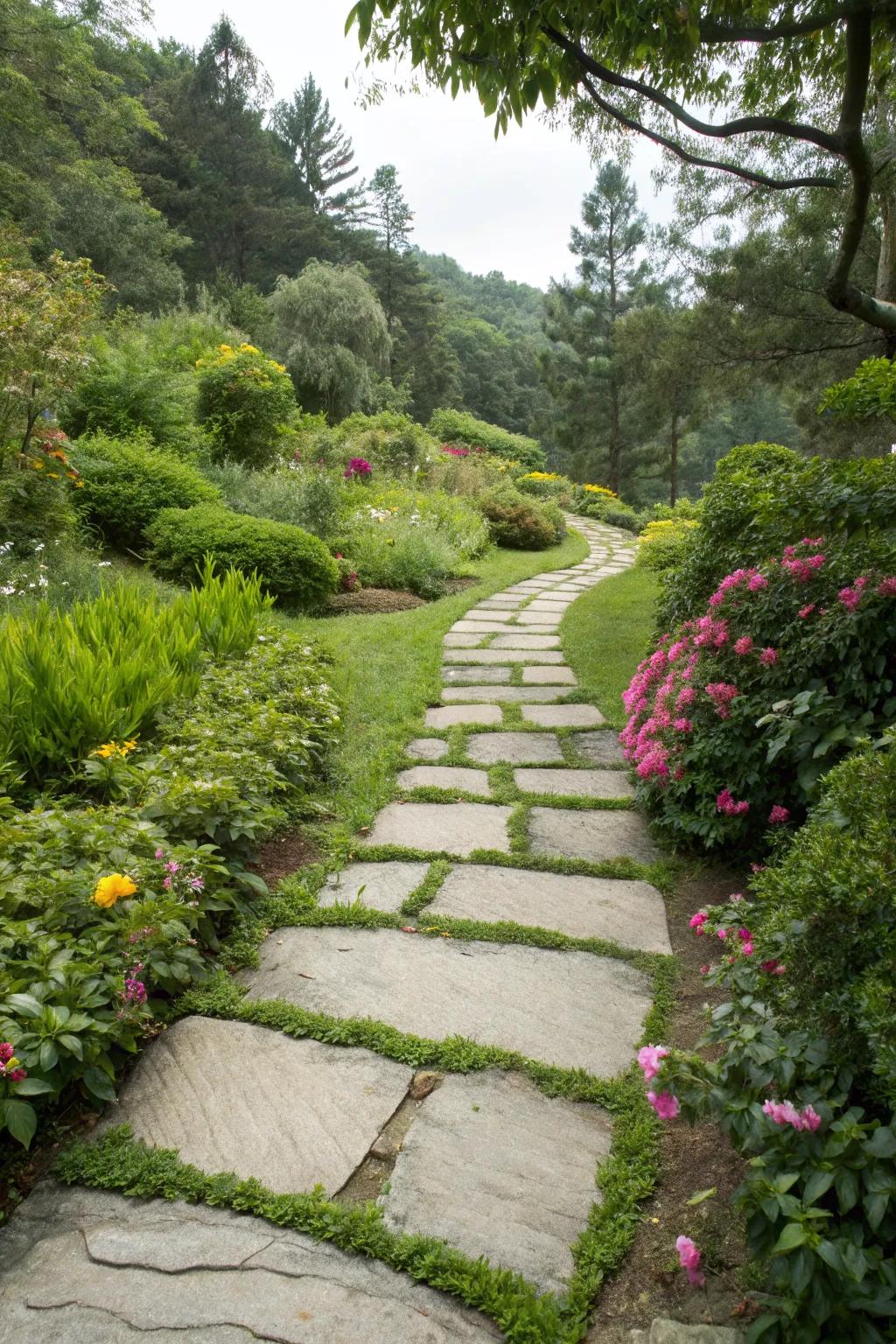 Elegant stone slabs create a timeless walkway in a garden setting.