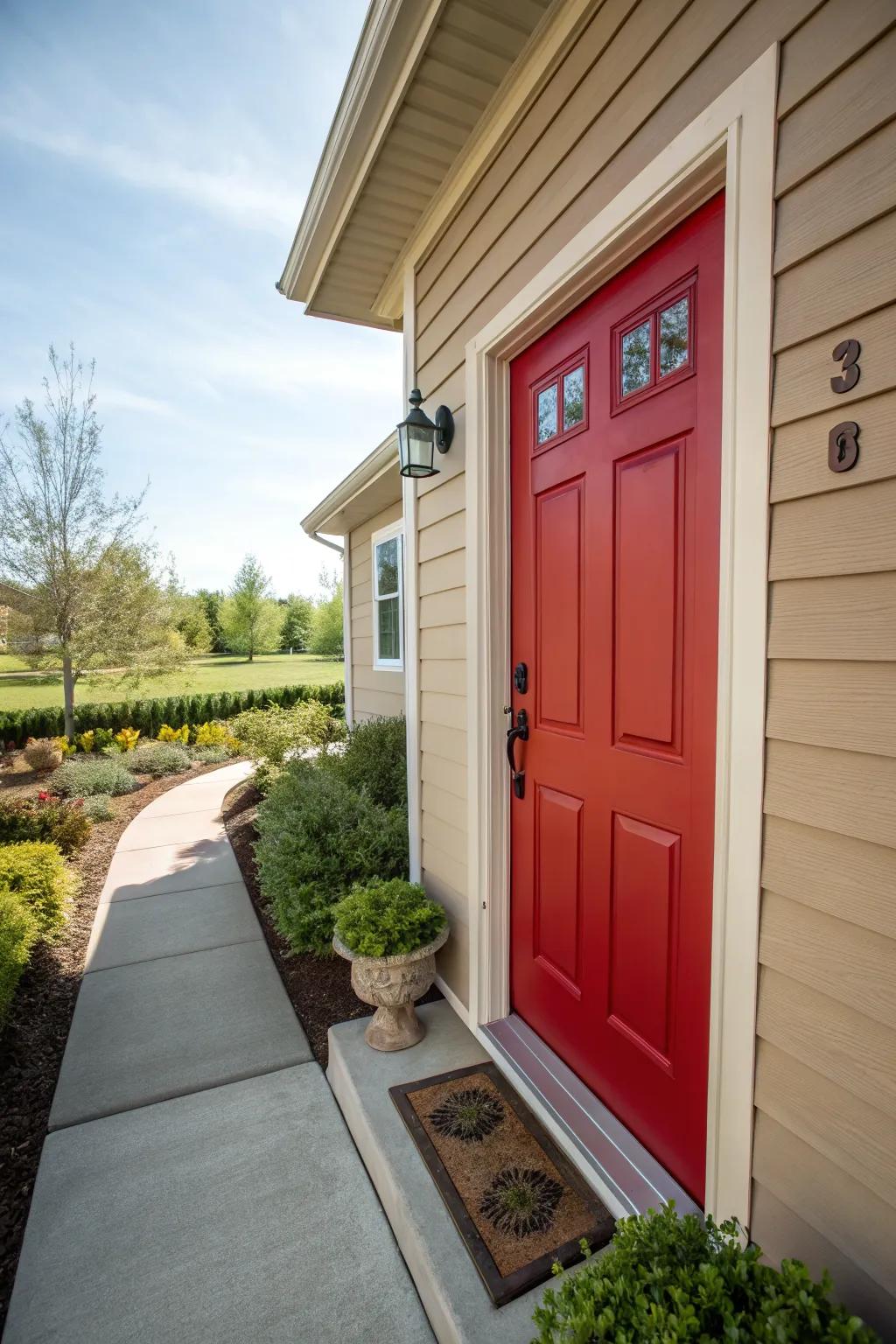 A bold red front door standing out against a neutral home exterior.