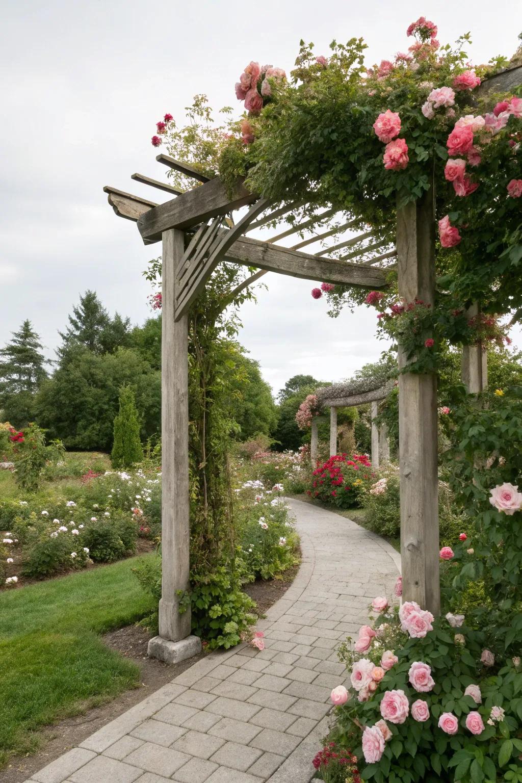 A classic wooden arbor enhances the natural beauty of a garden with blooming roses.