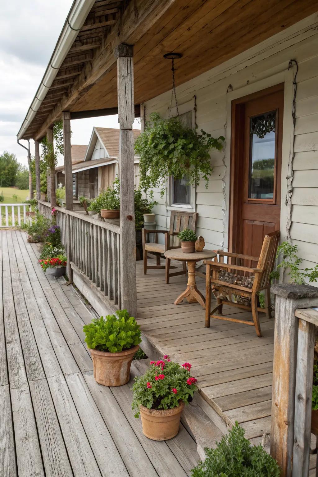 A rustic wooden porch design brings natural charm to your entrance.
