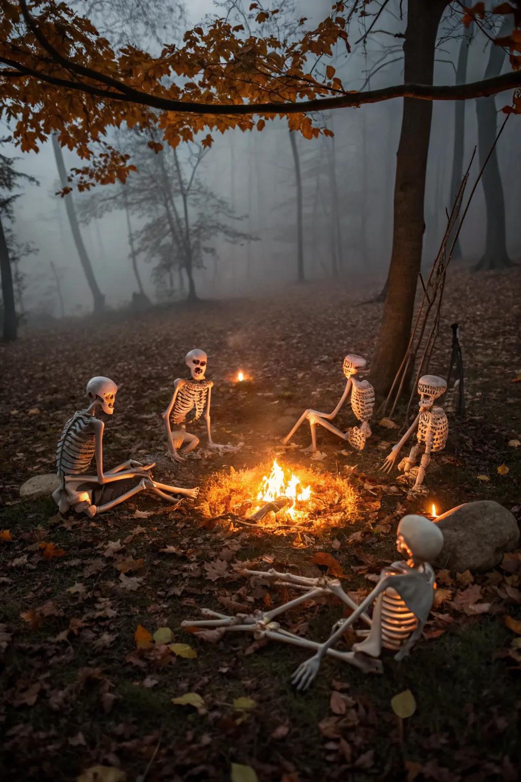 Skeletons warming up by the campfire, creating a cozy Halloween scene.