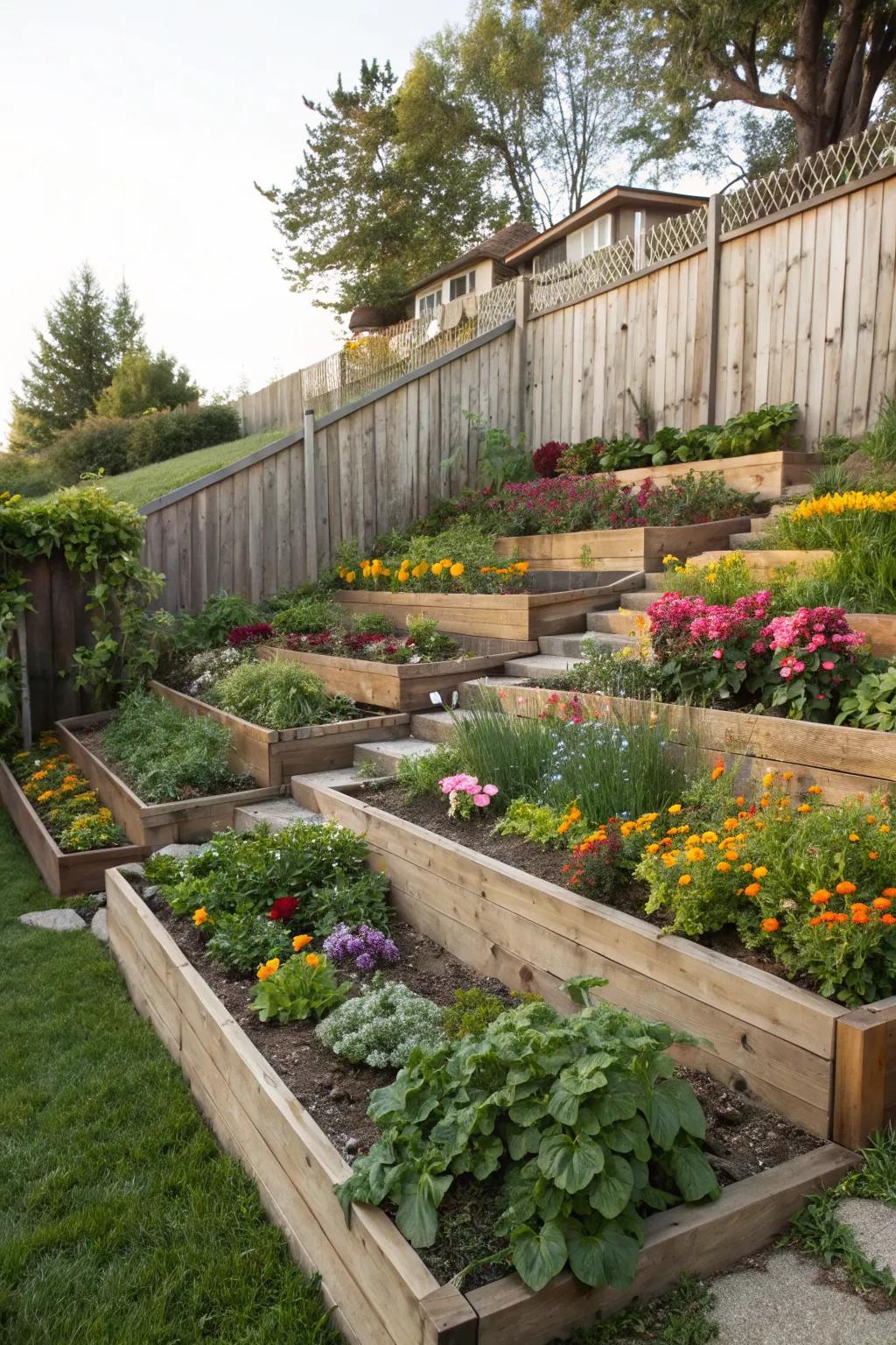 Terraced gardens bring layers of beauty to slanted backyards.