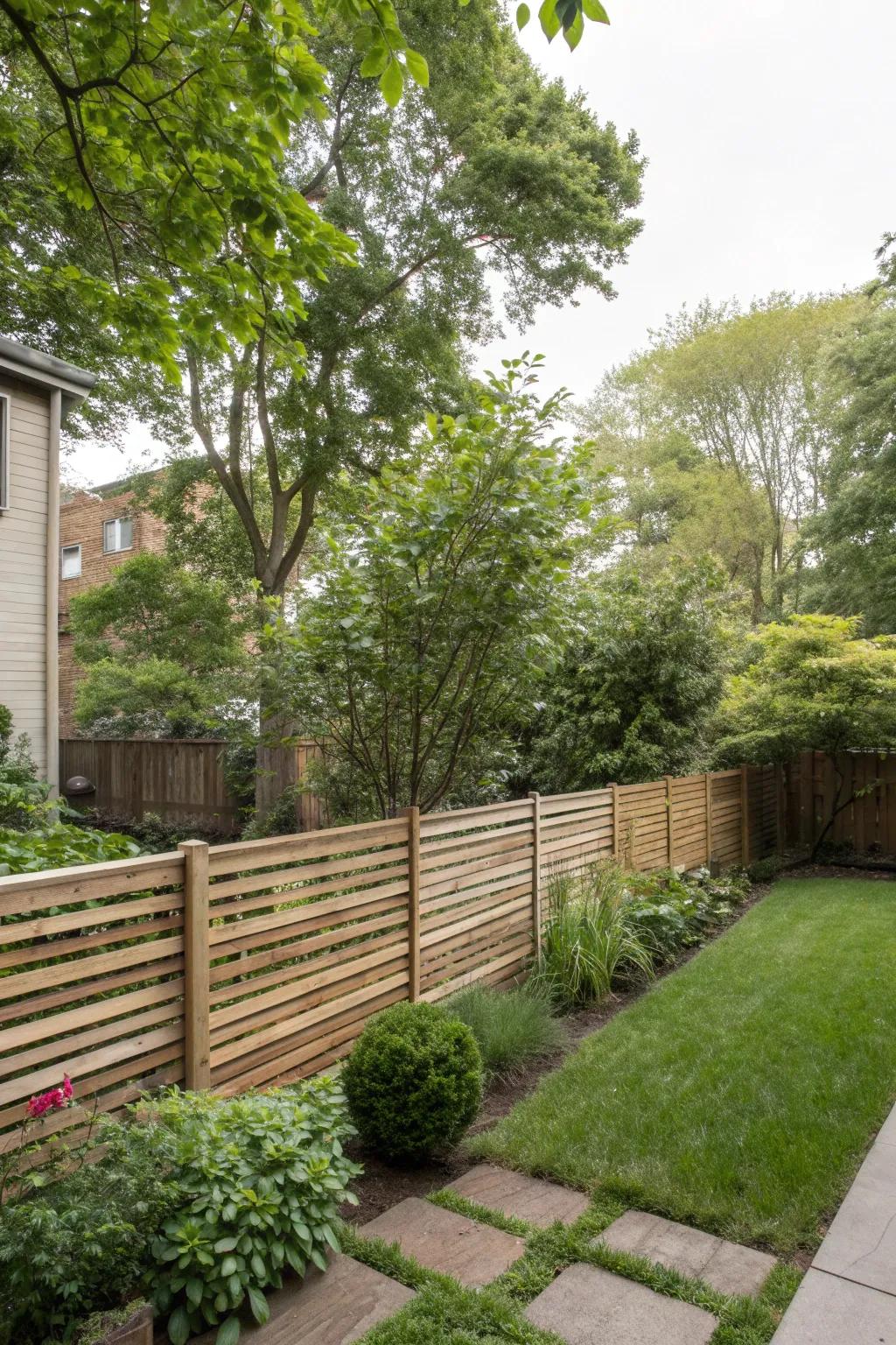 A backyard showcasing a horizontal wooden slat fence surrounded by greenery.