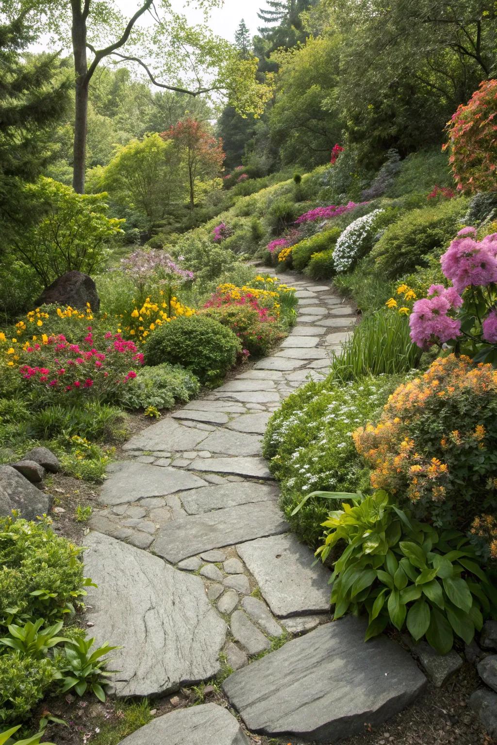 A slate pathway adds rustic charm to any garden.